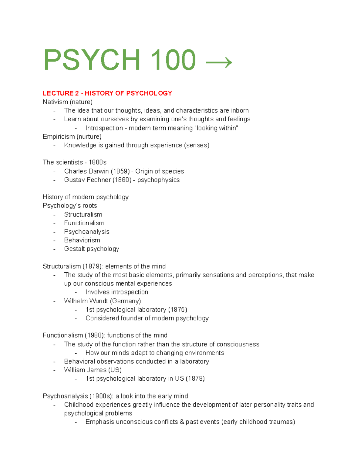 PSYCH 100 (1) - PSYCH 100 → LECTURE 2 - HISTORY OF PSYCHOLOGY Nativism ...