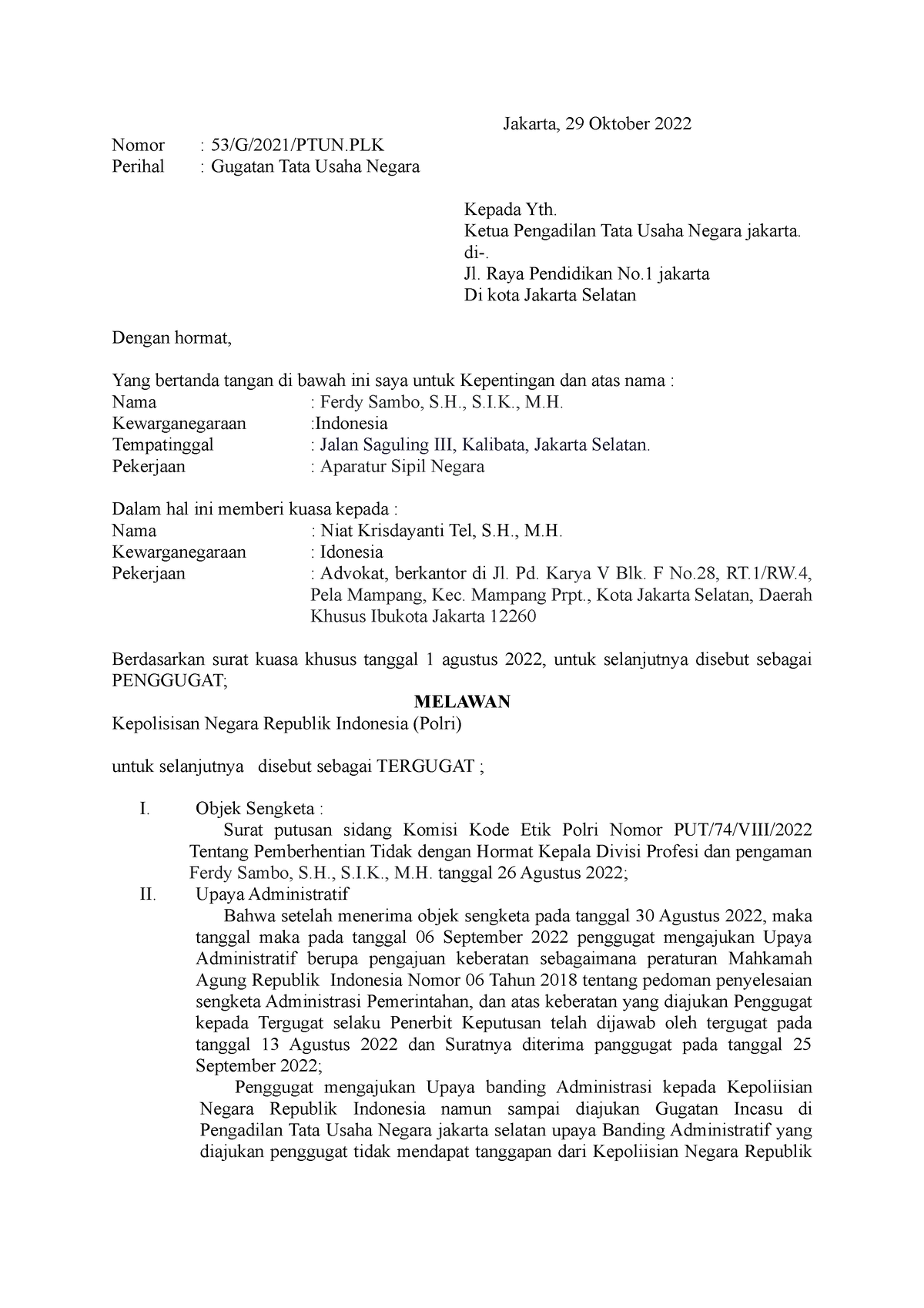 UTS Niat - Contoh Surat Gugatan Ptun - Jakarta, 29 Oktober 2022 Nomor ...