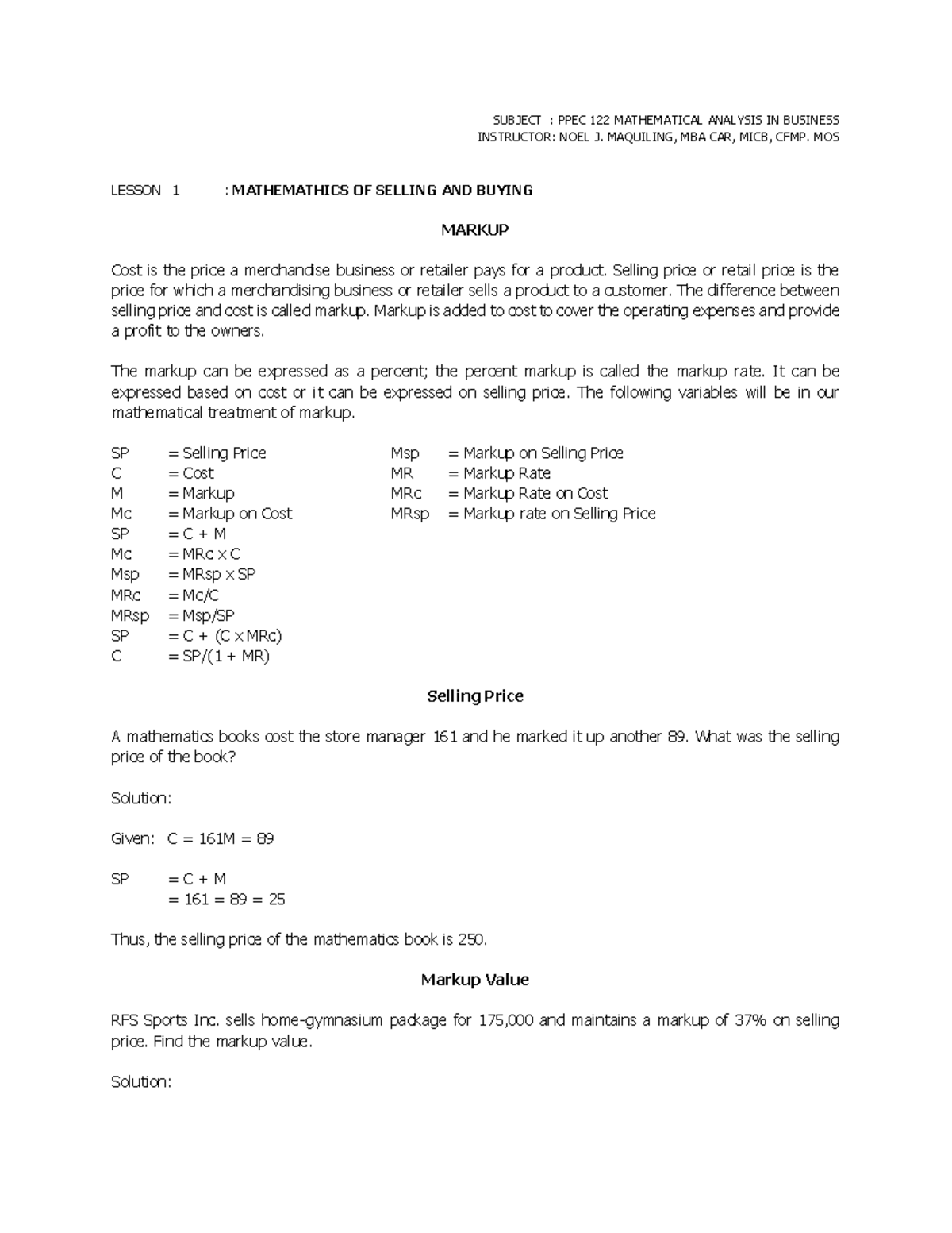 Lesson 1 Mathematics of Selling and Buying - INSTRUCTOR: NOEL J ...