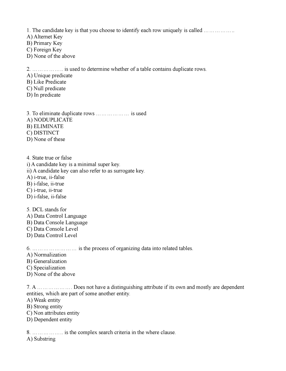 DBMS Multiple Choice Questions - StuDocu