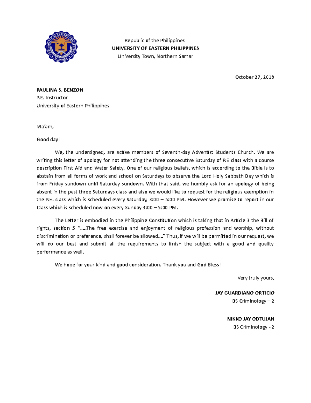 JAY Letter - scratchonly - Republic of the Philippines UNIVERSITY OF ...