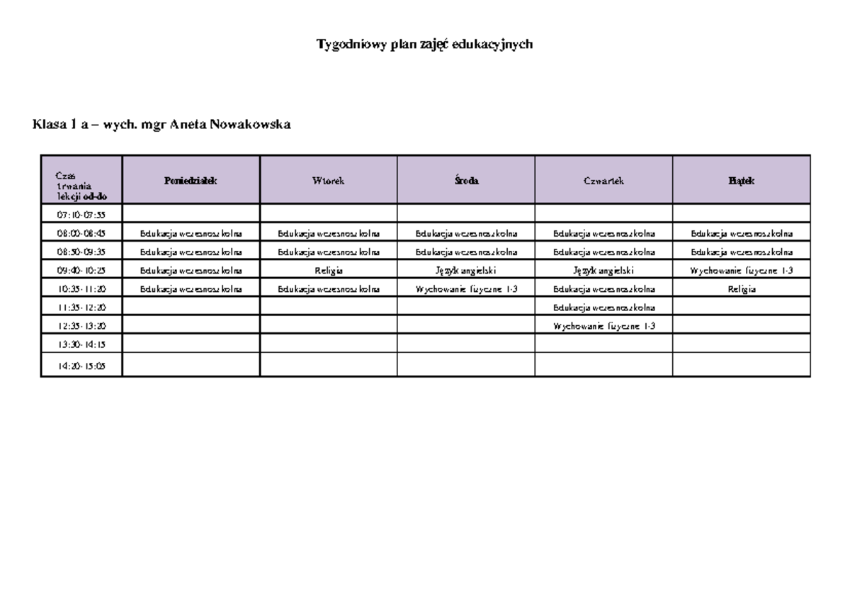 Plan Lekcji Pierwsza Klasa.liceum Biol Chem www.studocu.com