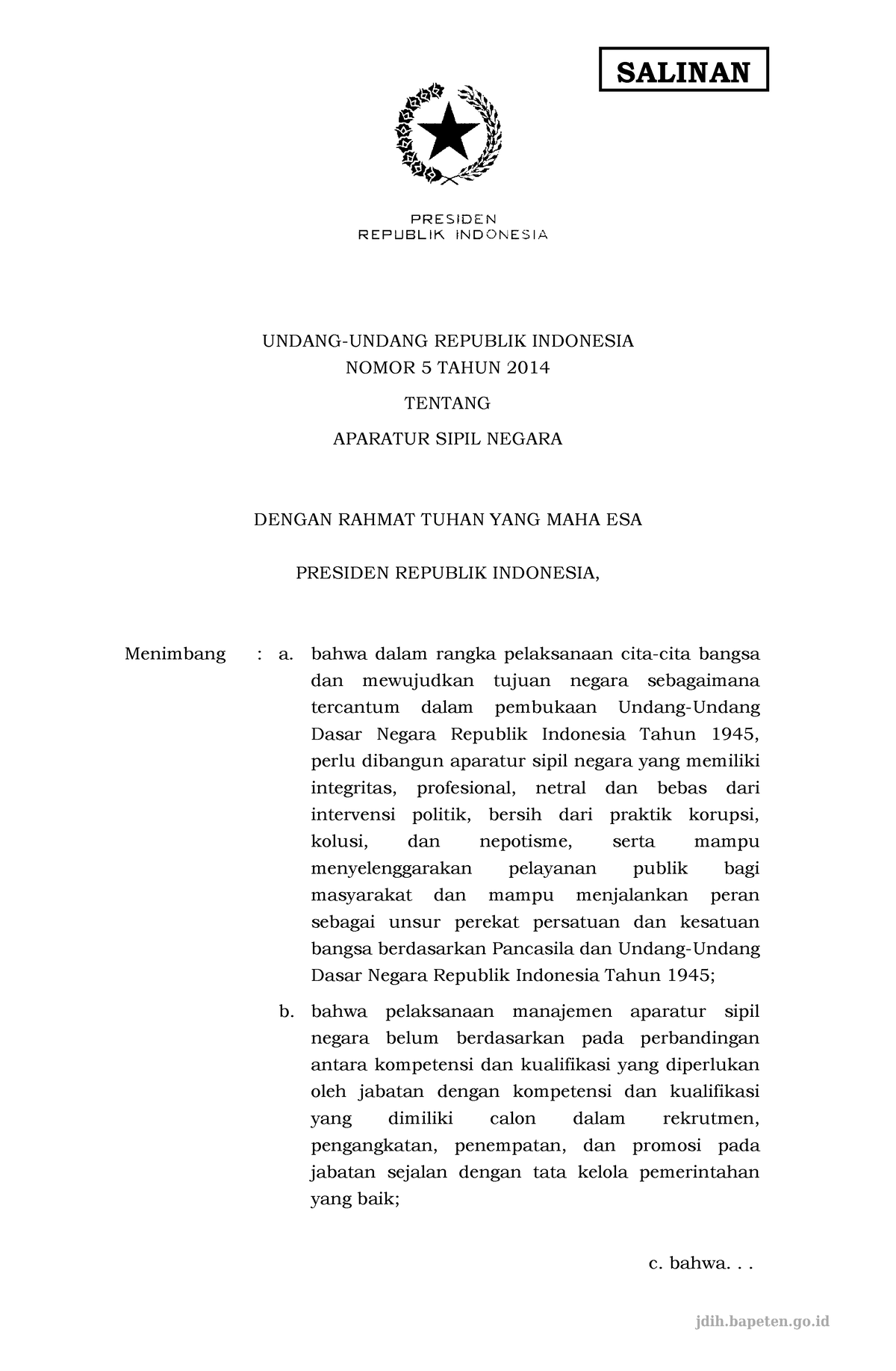 Bapeten UU - SALINAN UNDANG-UNDANG REPUBLIK INDONESIA NOMOR 5 TAHUN ...