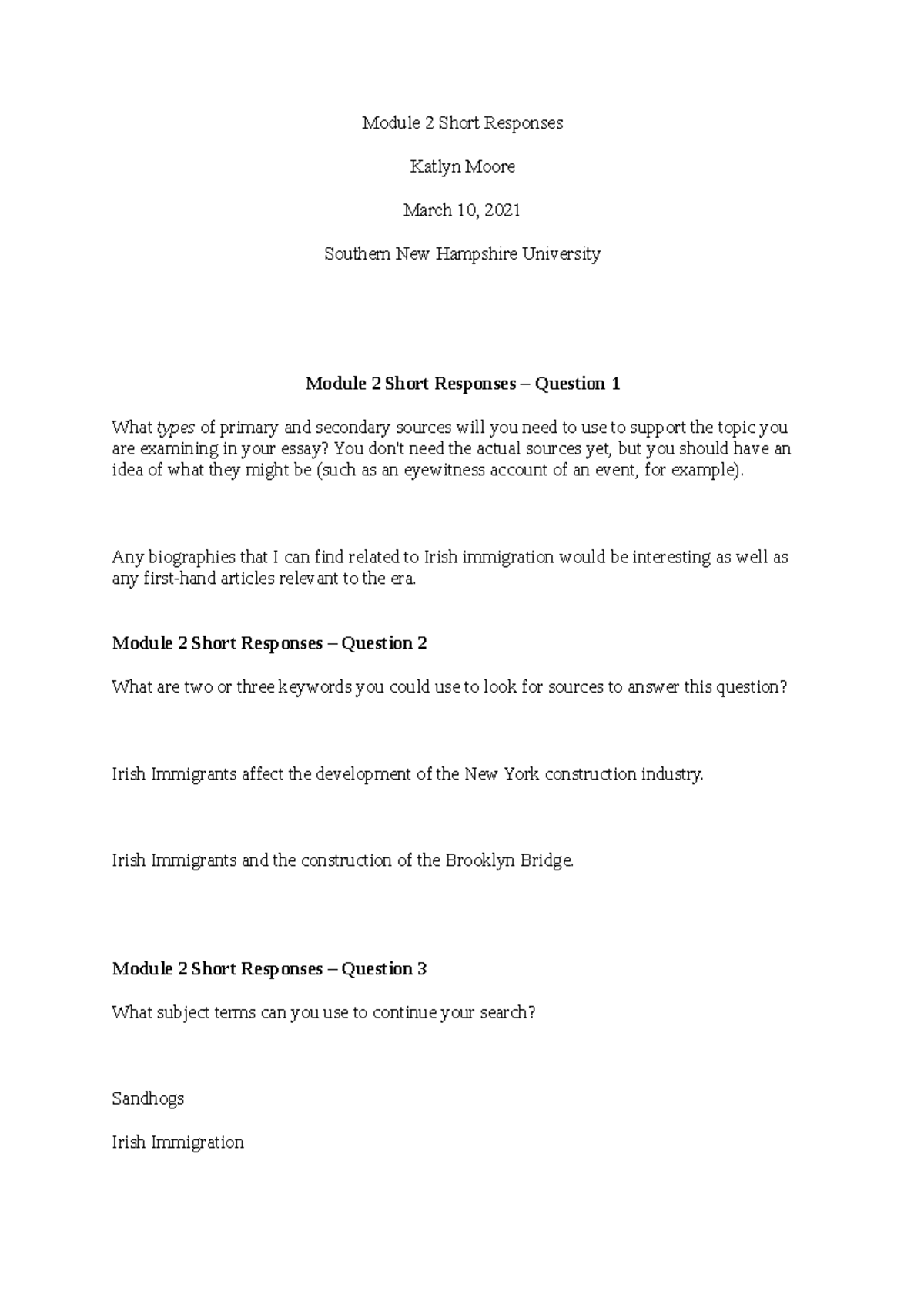 Module 2 Short Responses History - Module 2 Short Responses Katlyn ...