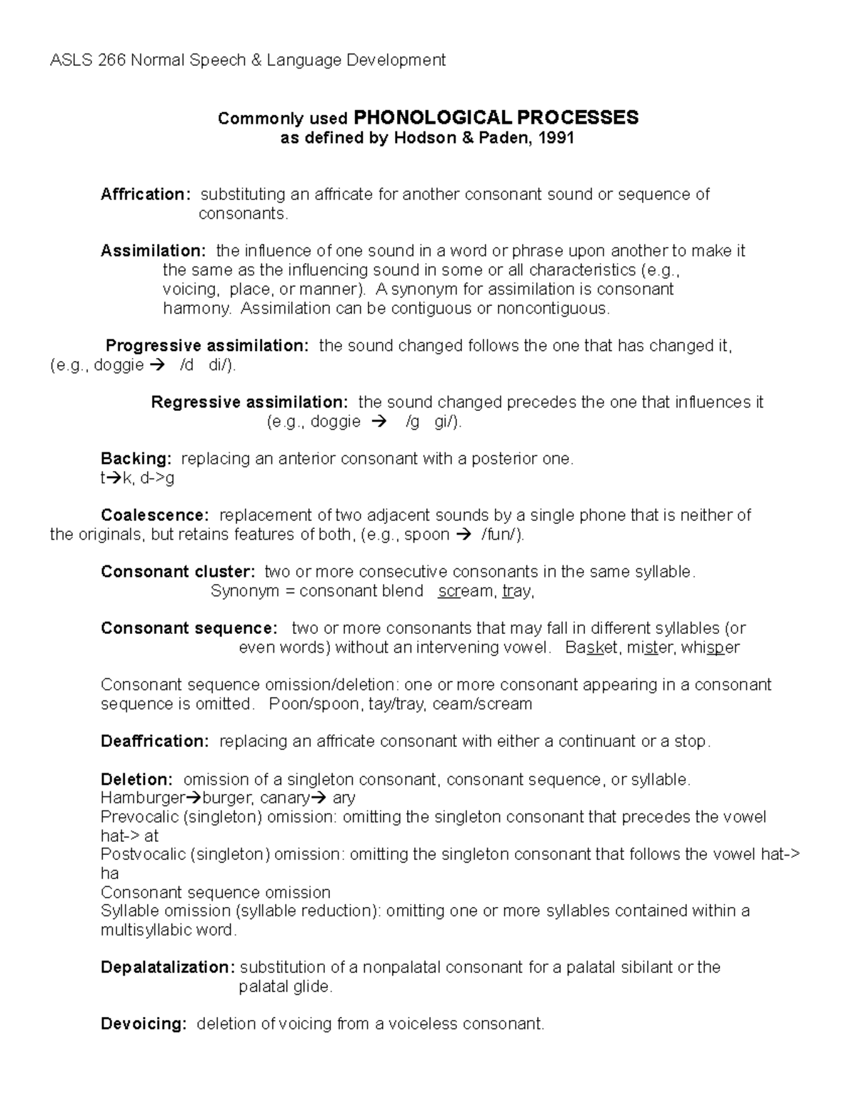 ASLS 266 Phonological Processes (def) - ASLS 266 Normal Speech ...
