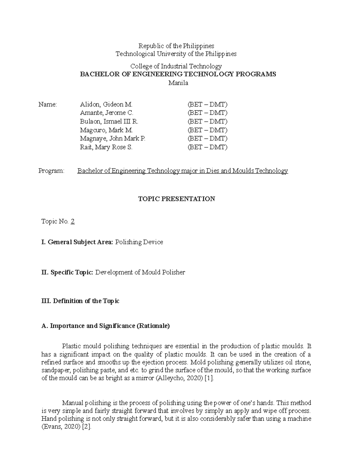 MOLD- Polisher - For mechanical - Republic of the Philippines ...