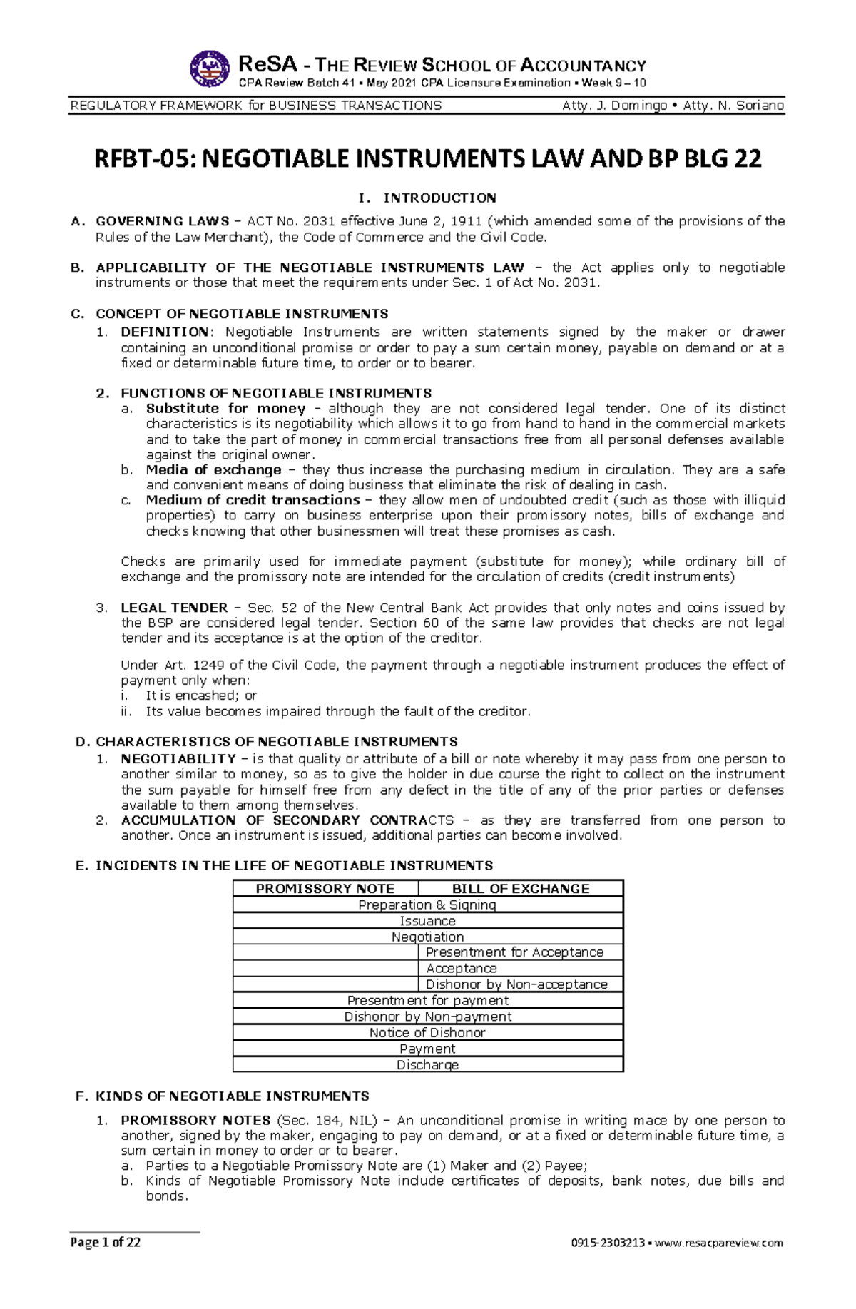 RFBT 05 Negotiable Instruments LAW AND BP BLG 22 - ReSA - THE REVIEW ...