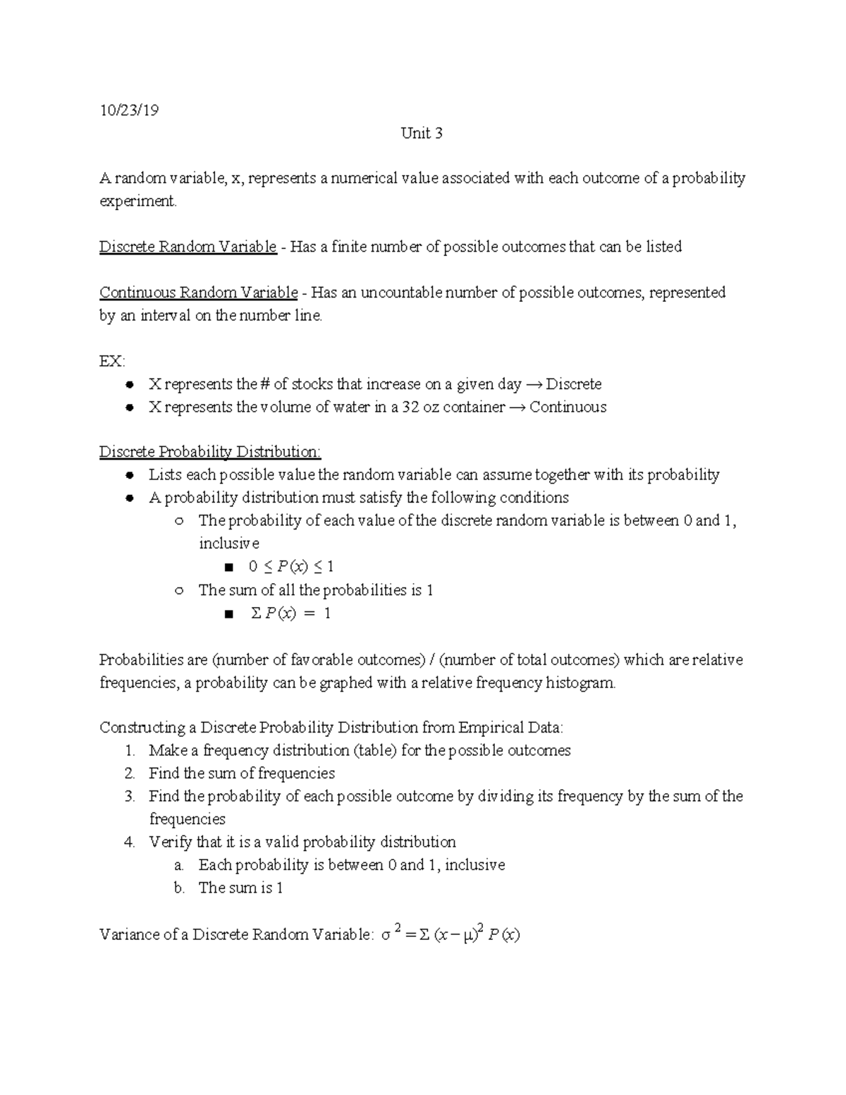 10 23 Stats Notes - Professor Romansky - 10/23/ Unit 3 A random ...