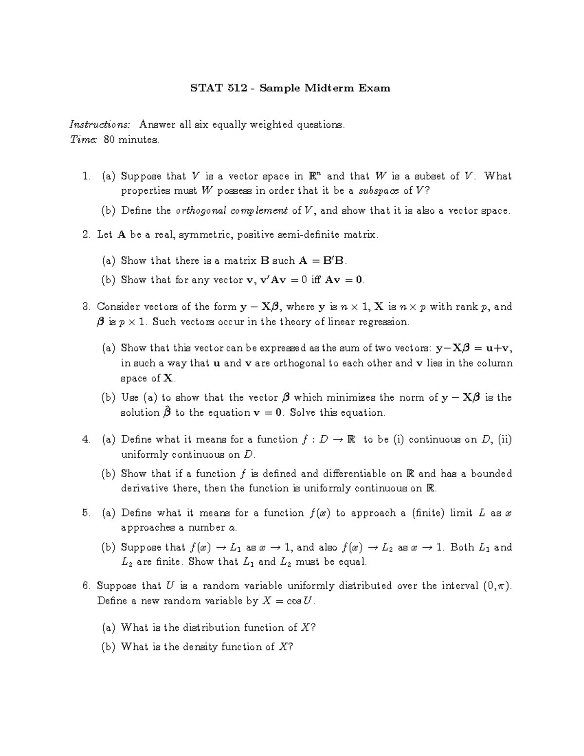 512sample Midterm Stat512 Techniques Of Mathematics For Statistics Studocu