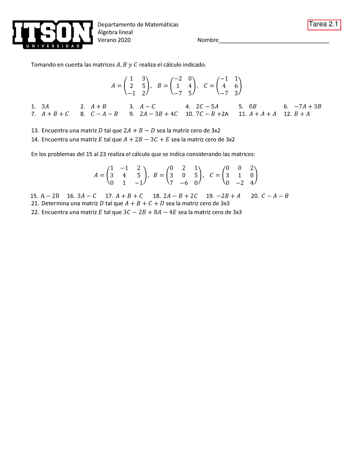 Tarea 2 - Departamento De Matem·ticas ¡lgebra Lineal Verano 2020 Tarea ...