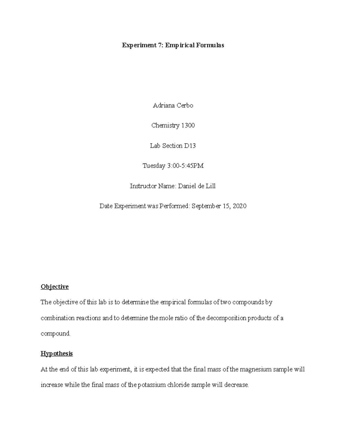 experiment 7 prelaboratory assignment empirical formulas