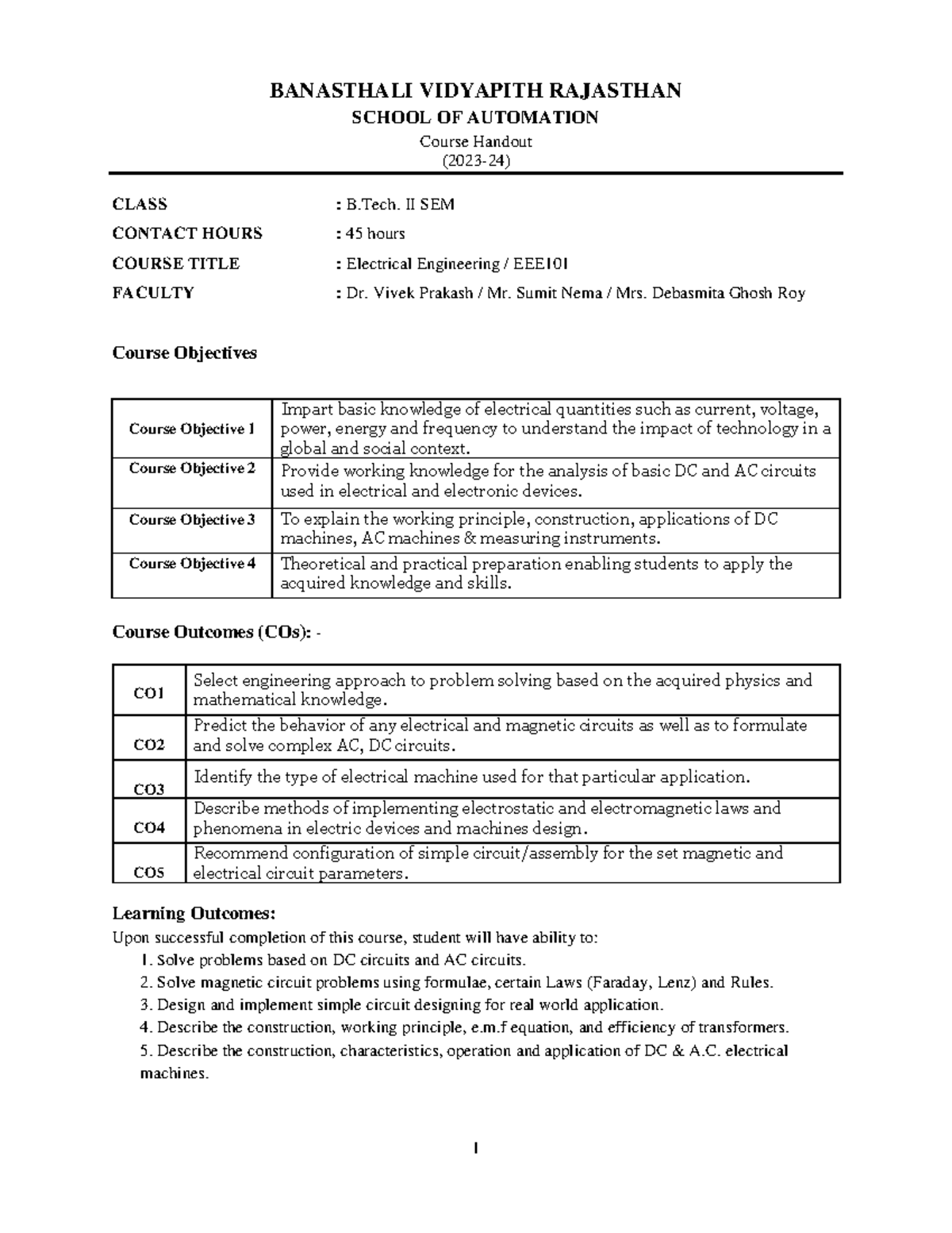 EEE101 Handout 2023-24 - BANASTHALI VIDYAPITH RAJASTHAN SCHOOL OF ...