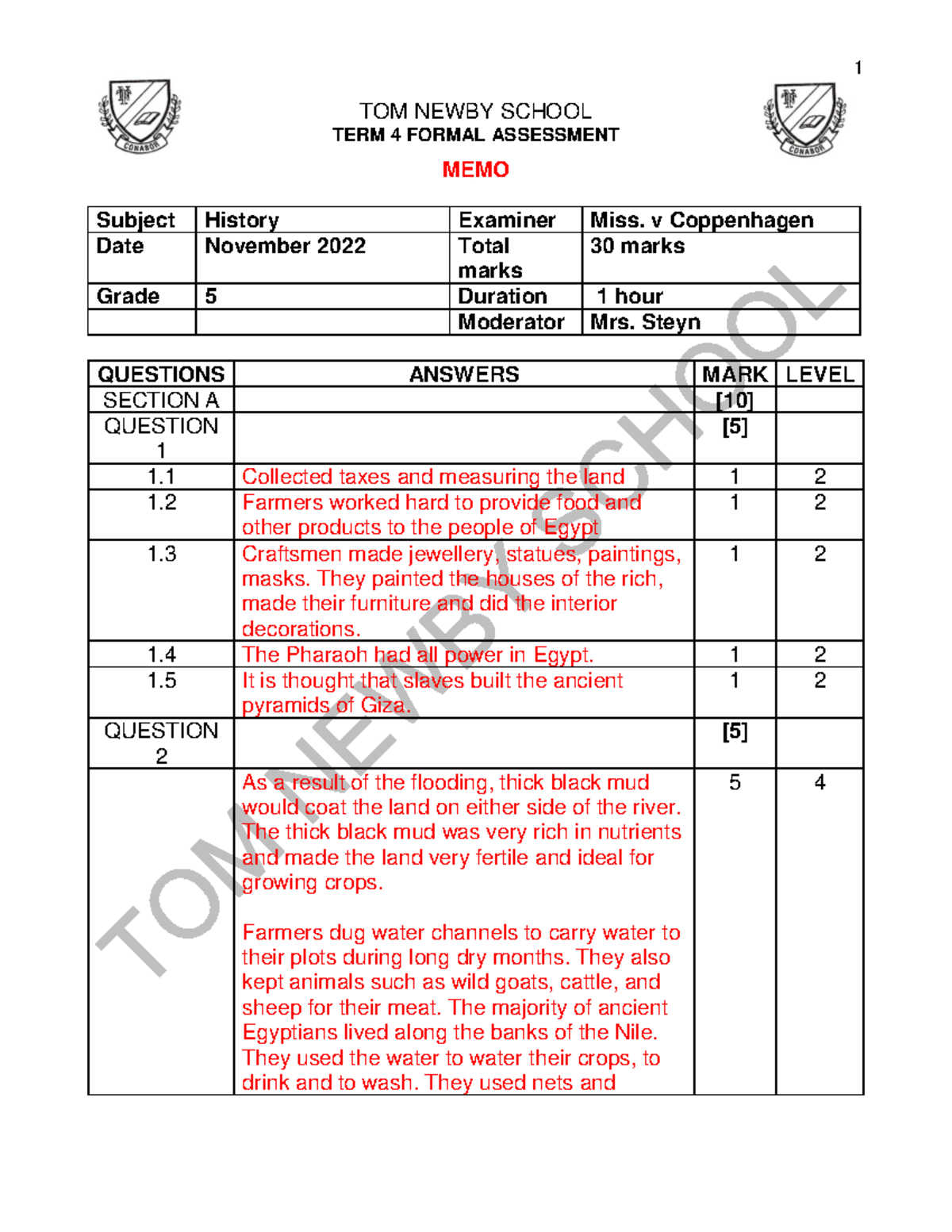 Grade 5 History Memo November 2022 - 1 TOM NEWBY SCHOOL TERM 4 FORMAL ...