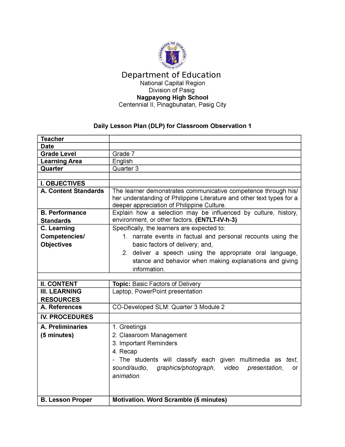 Lesson Plan On Basic Factors Of Delivery Department Of Education National Capital Region 0727