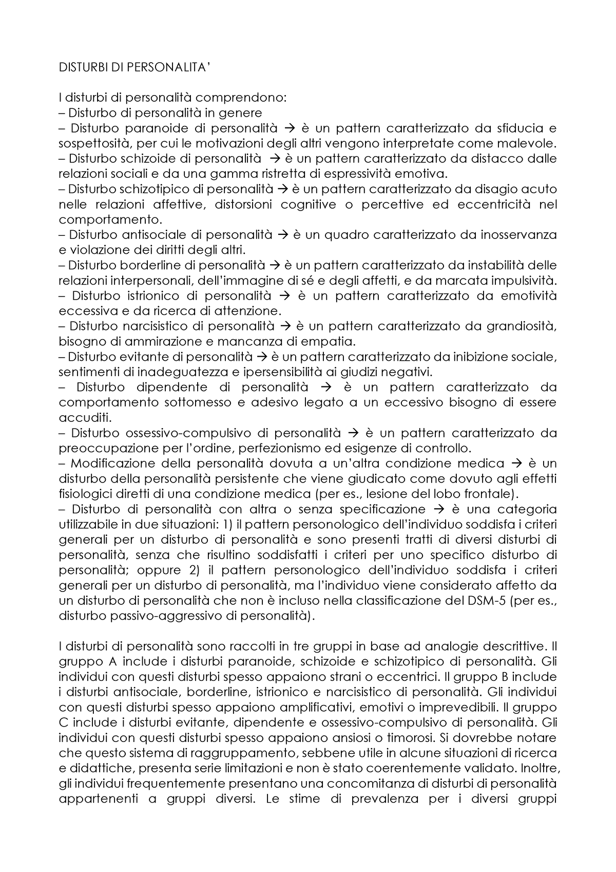 Disturbi DI Personalita’ - DISTURBI DI PERSONALITA’ I Disturbi Di ...