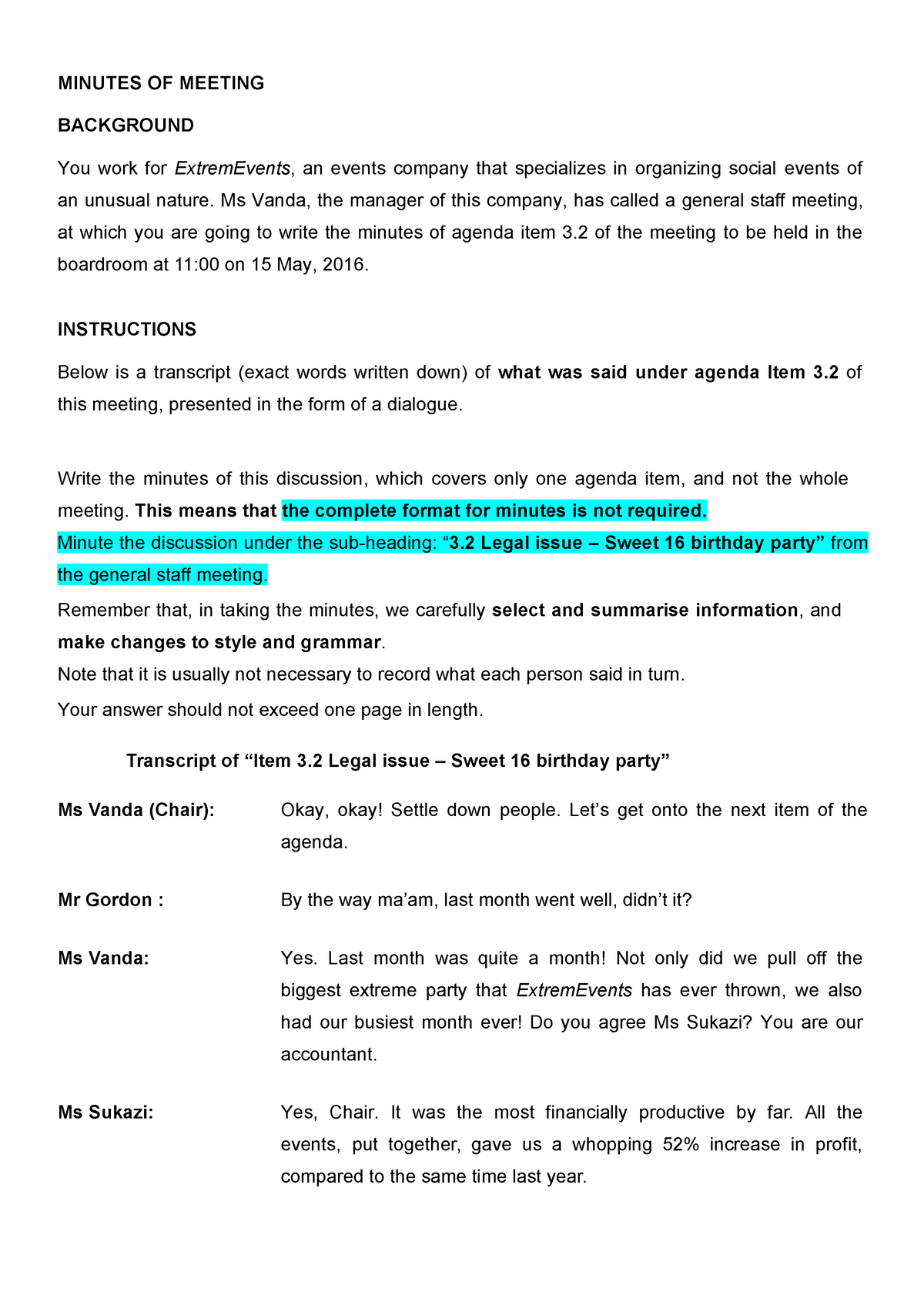 Sample OF Minutes OF Meeting AND Model Answer MINUTES OF MEETING