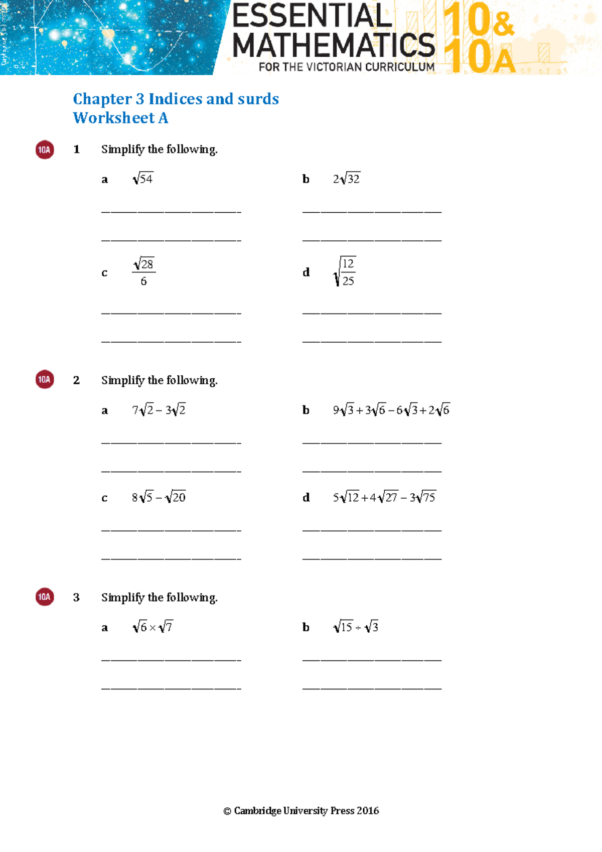 2017 Indices and Surds Worksheets and Answers Chapter 3 Indices and