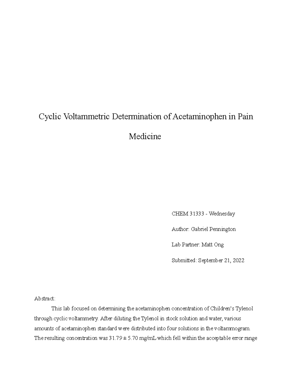 Acetaminophen Lab Report Cyclic Voltammetric Determination of