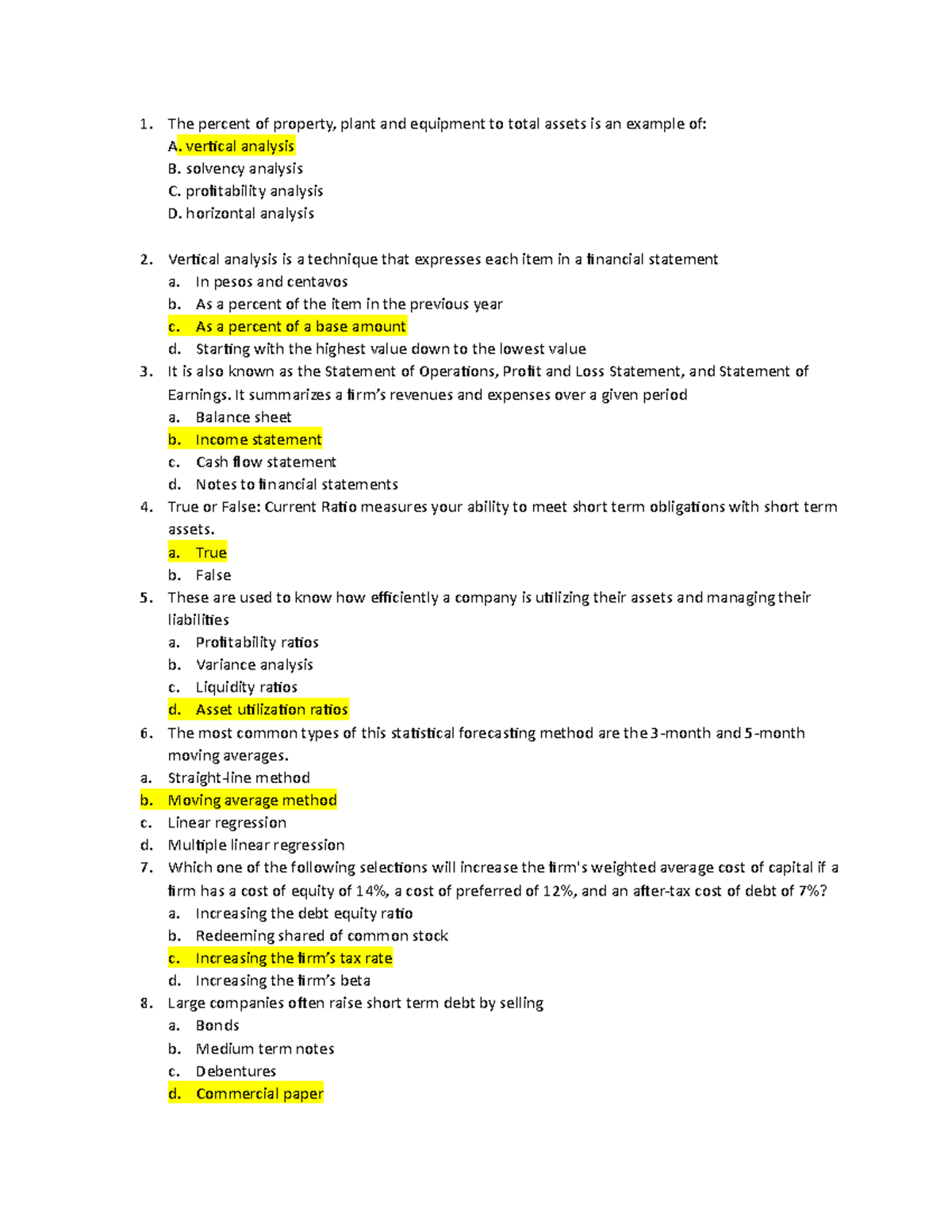 Theory - Financial Management - The percent of property, plant and ...