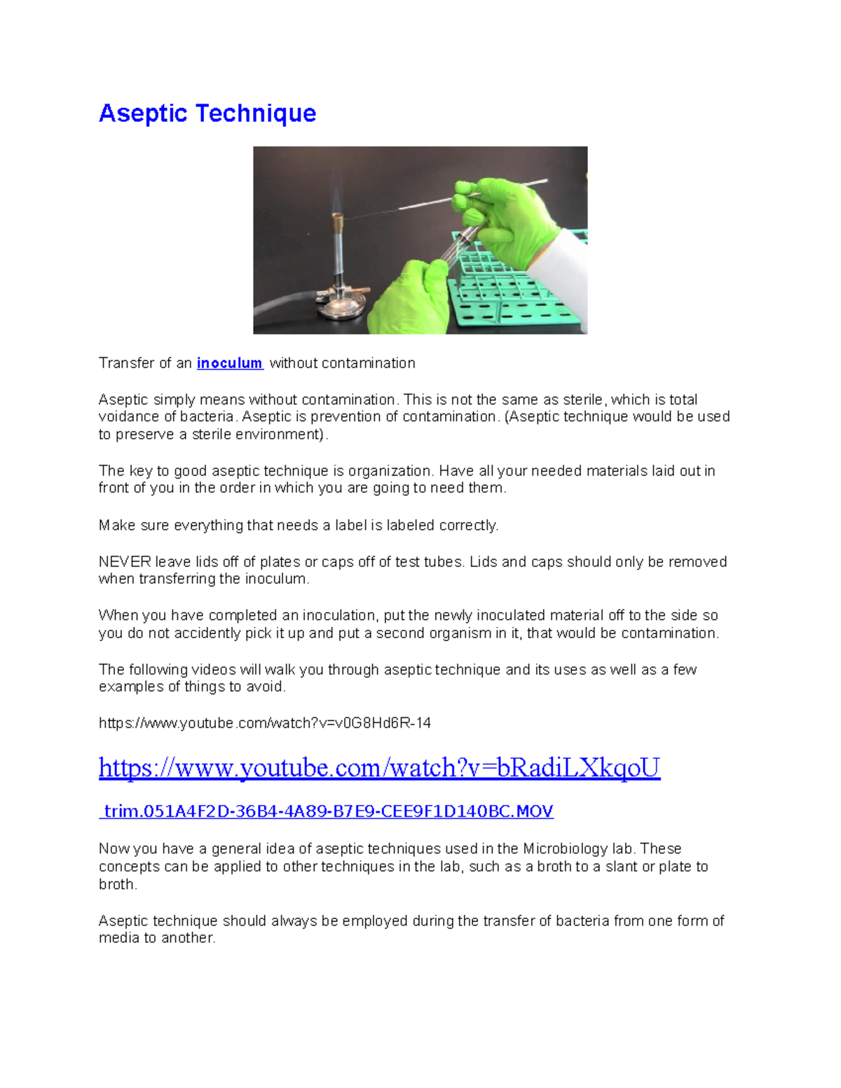 Aseptic Technique Aseptic Technique Transfer of an inoculum without