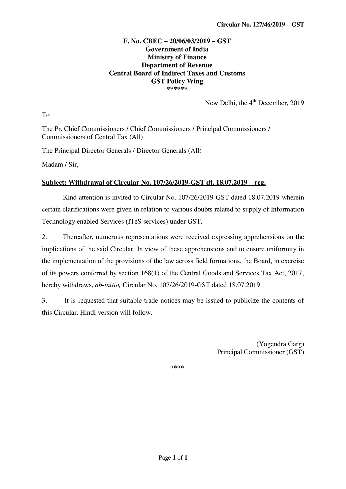 Circular-cgst-127 - GST - Circular No. 127/46/2019 – GST Page 1 Of 1 F ...