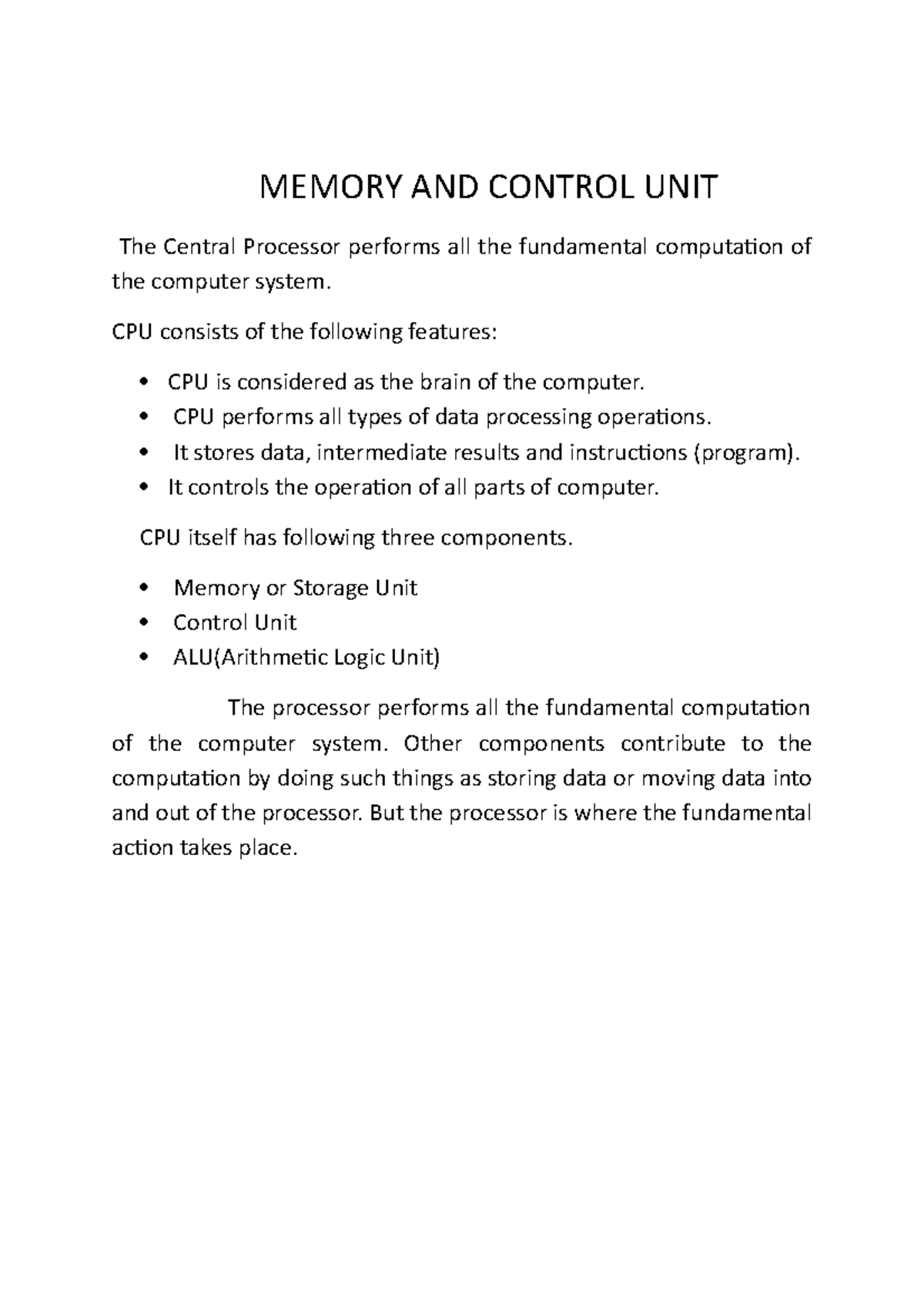 Memory AND Control UNIT MEMORY AND CONTROL UNIT The Central Processor