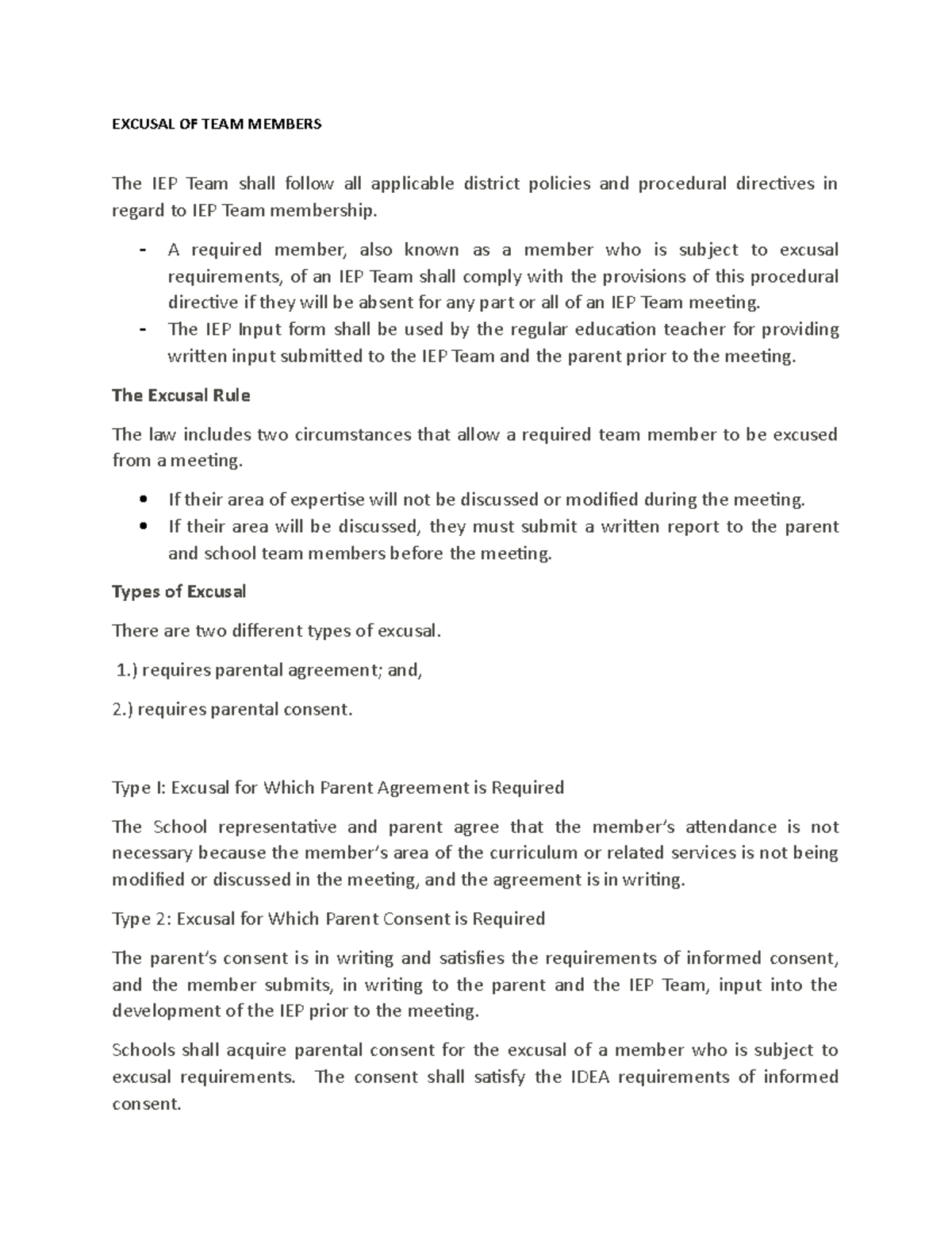 Excusal OF TEAM Members - EXCUSAL OF TEAM MEMBERS The IEP Team shall ...