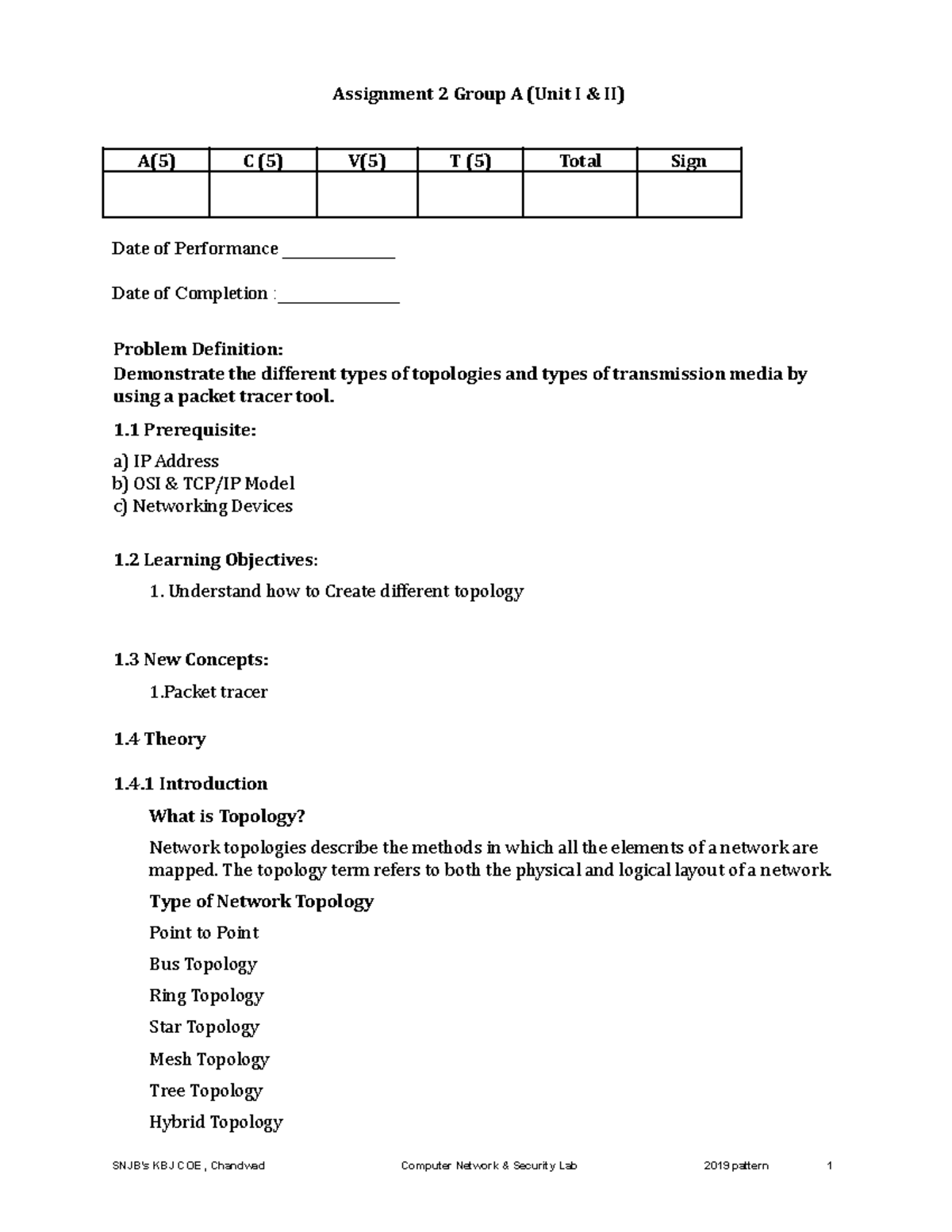 2. Assig 2 - topology - good - Assignment 2 Group A (Unit I & II) A(5 ...