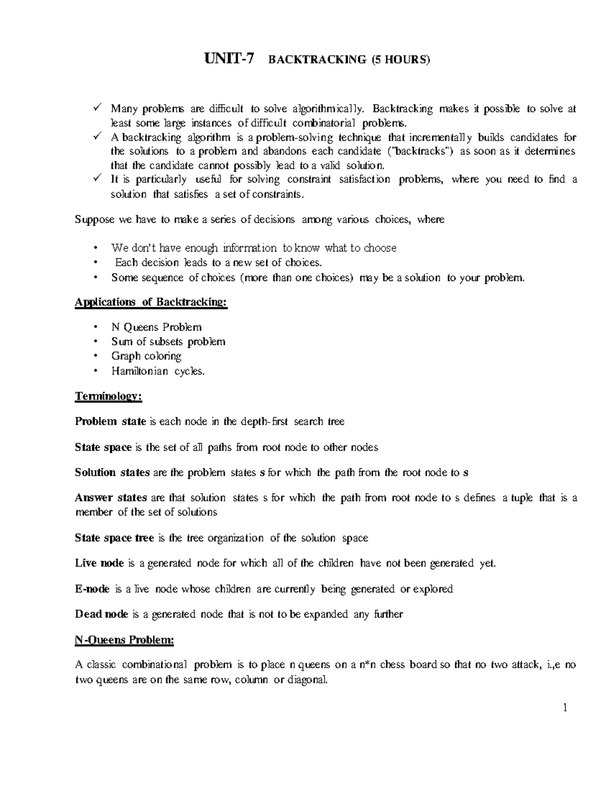 UNIT 7 Backtrack Algorithms - UNIT- 7 BACKTRACKING (5 HOURS) Many ...
