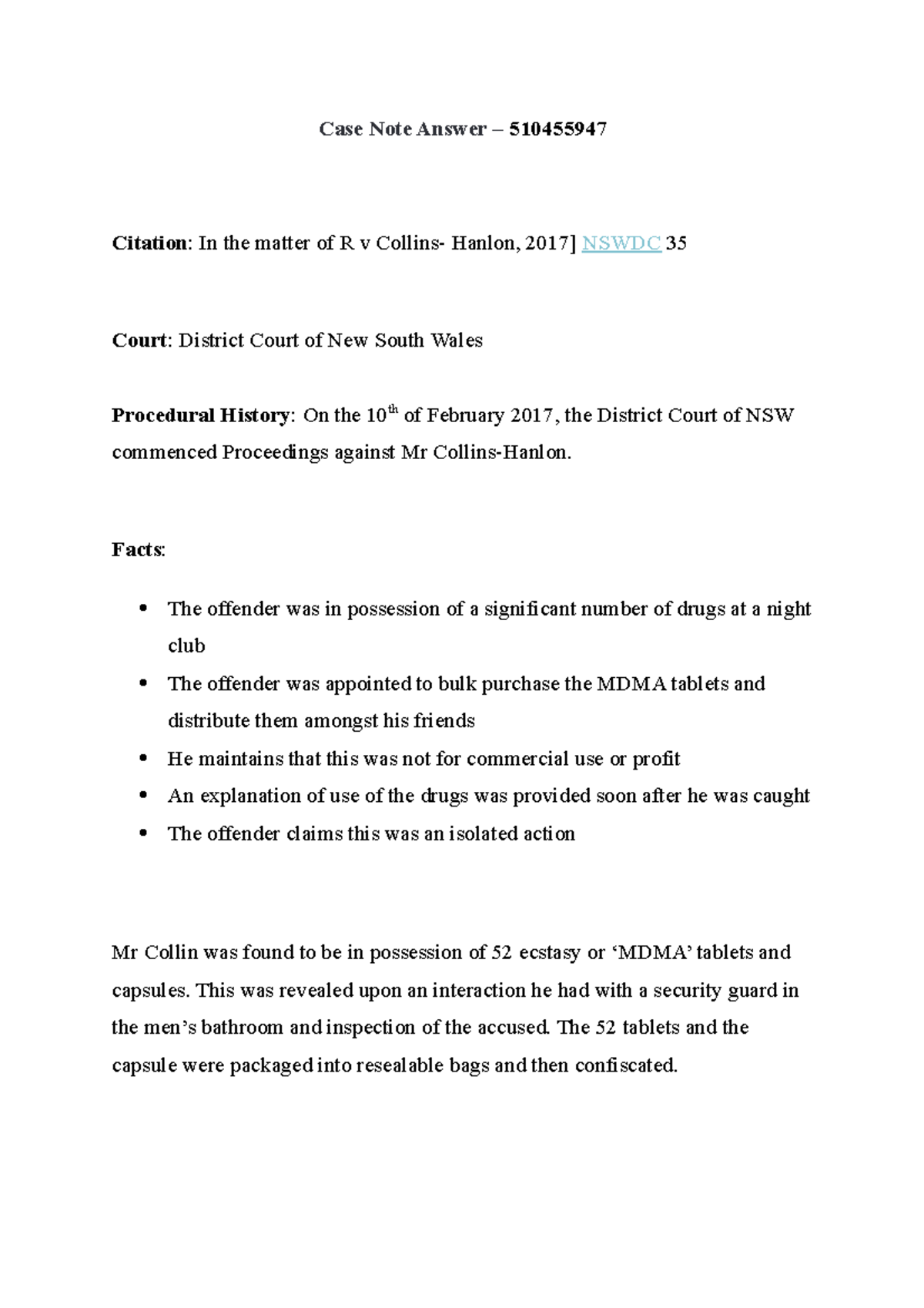 Case Note Final EXAM Case Note Answer 510455947 Citation In the