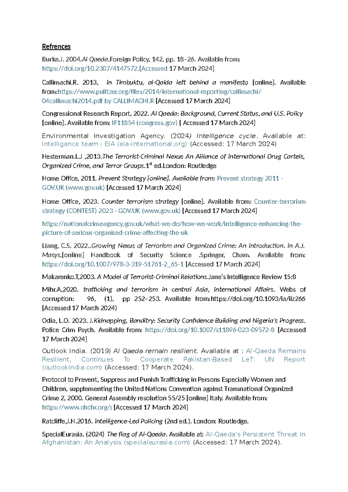 Counter Terrorism references - Refrences Burke. 2004 Qaeda Policy, 142 ...