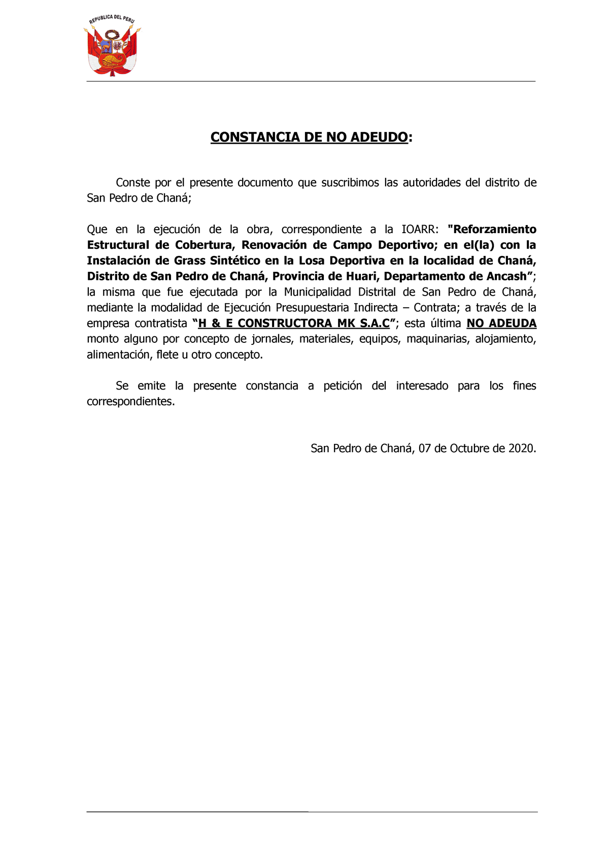 Constancia No Adeudo Ioarr Chaná - CONSTANCIA DE NO ADEUDO: Conste por el  presente documento que - Studocu