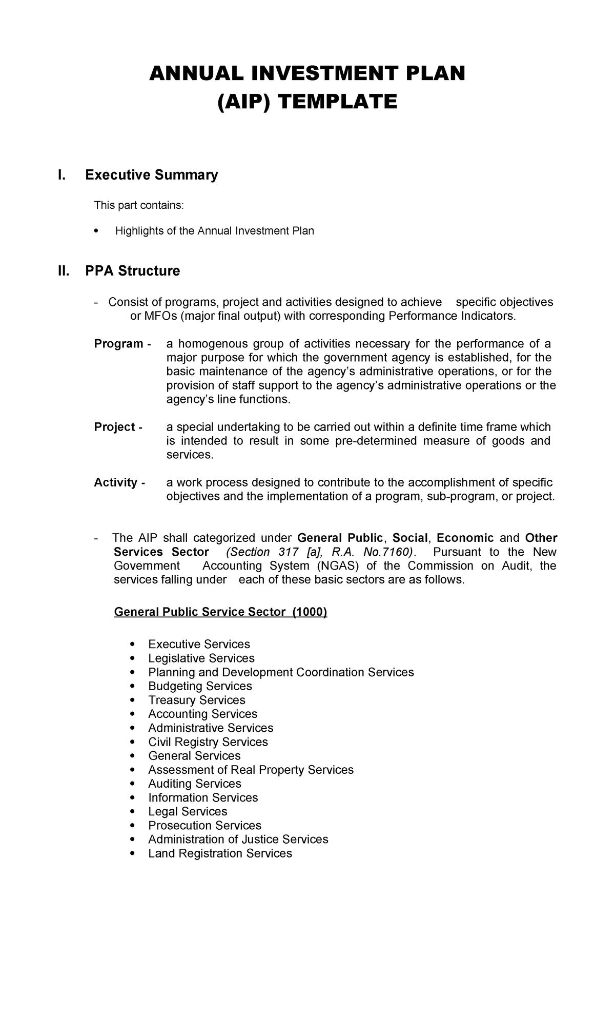 AIP Format (Sample) - ANNUAL INVESTMENT PLAN (AIP) TEMPLATE I ...