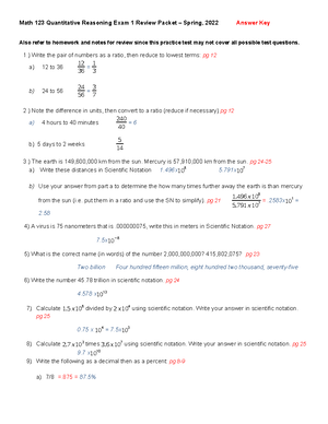 Practice Test 1 With Answer Key - Math 123 Quantitative Reasoning Exam 