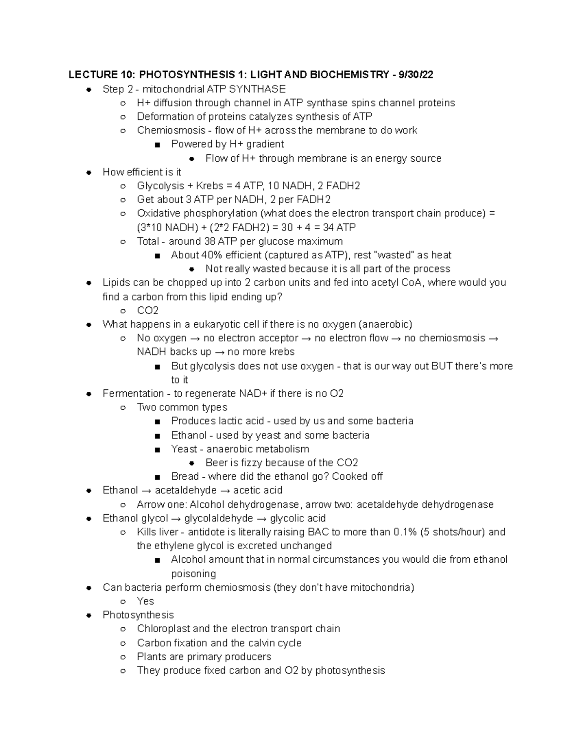 Notes 2 - LECTURE 10: PHOTOSYNTHESIS 1: LIGHT AND BIOCHEMISTRY - 9/30 ...