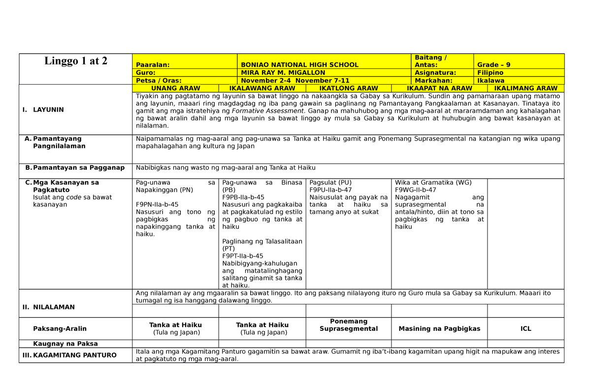 DLL Filipino 9 2ngd Grading (Topic 1) - Copy - Linggo 1 At 2 Paaralan ...