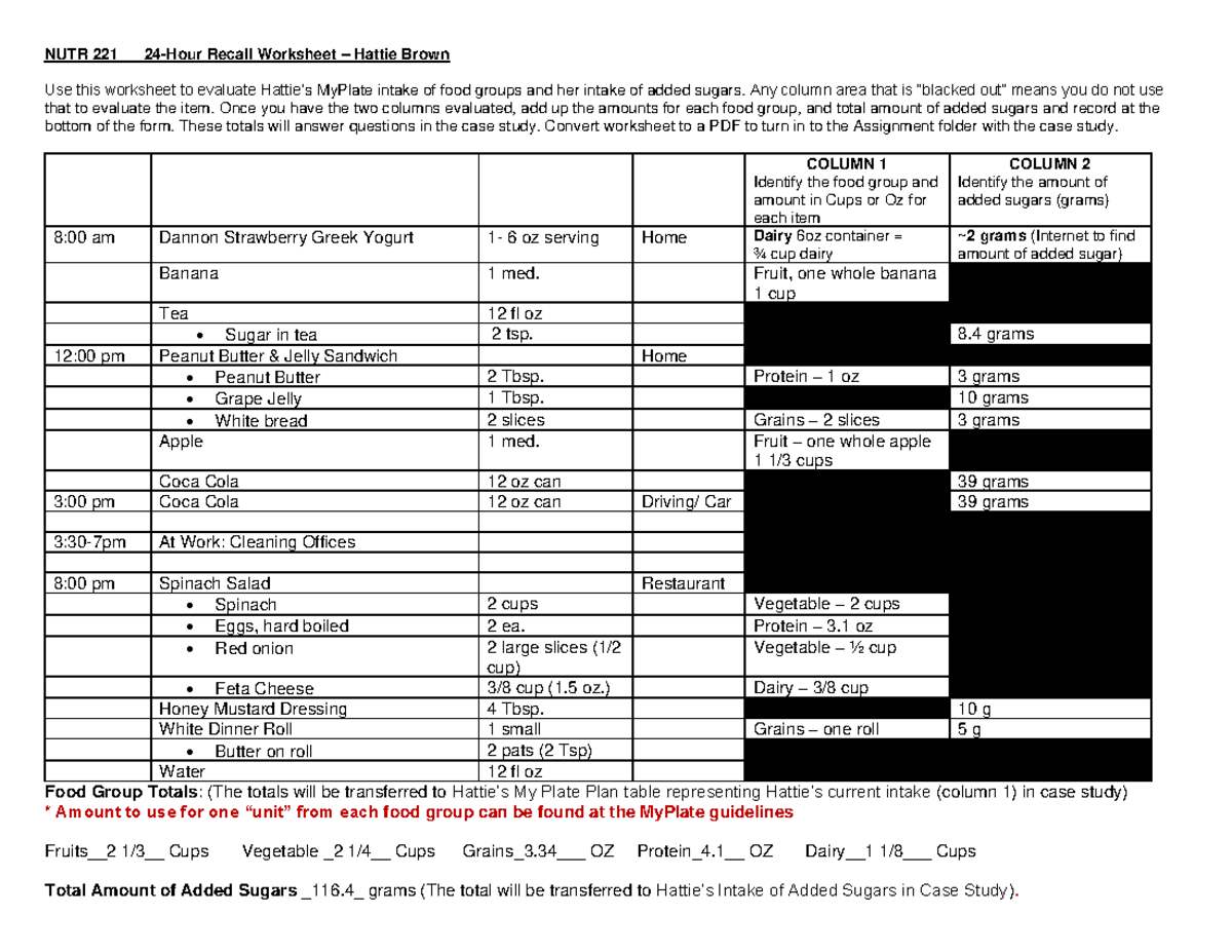 Hattie Brown 24 hour Assignment pdf NUTR 221 24Hour Recall Worksheet