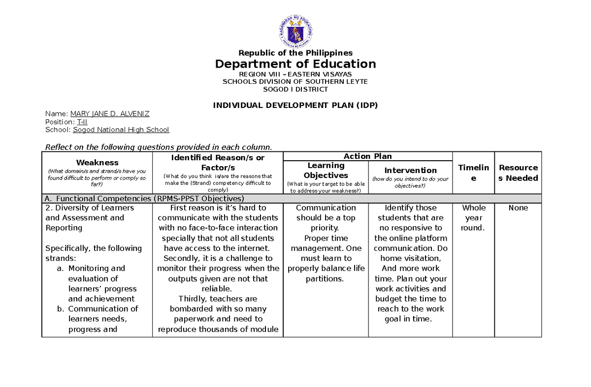 Deped Individual Development Plan Sample Images