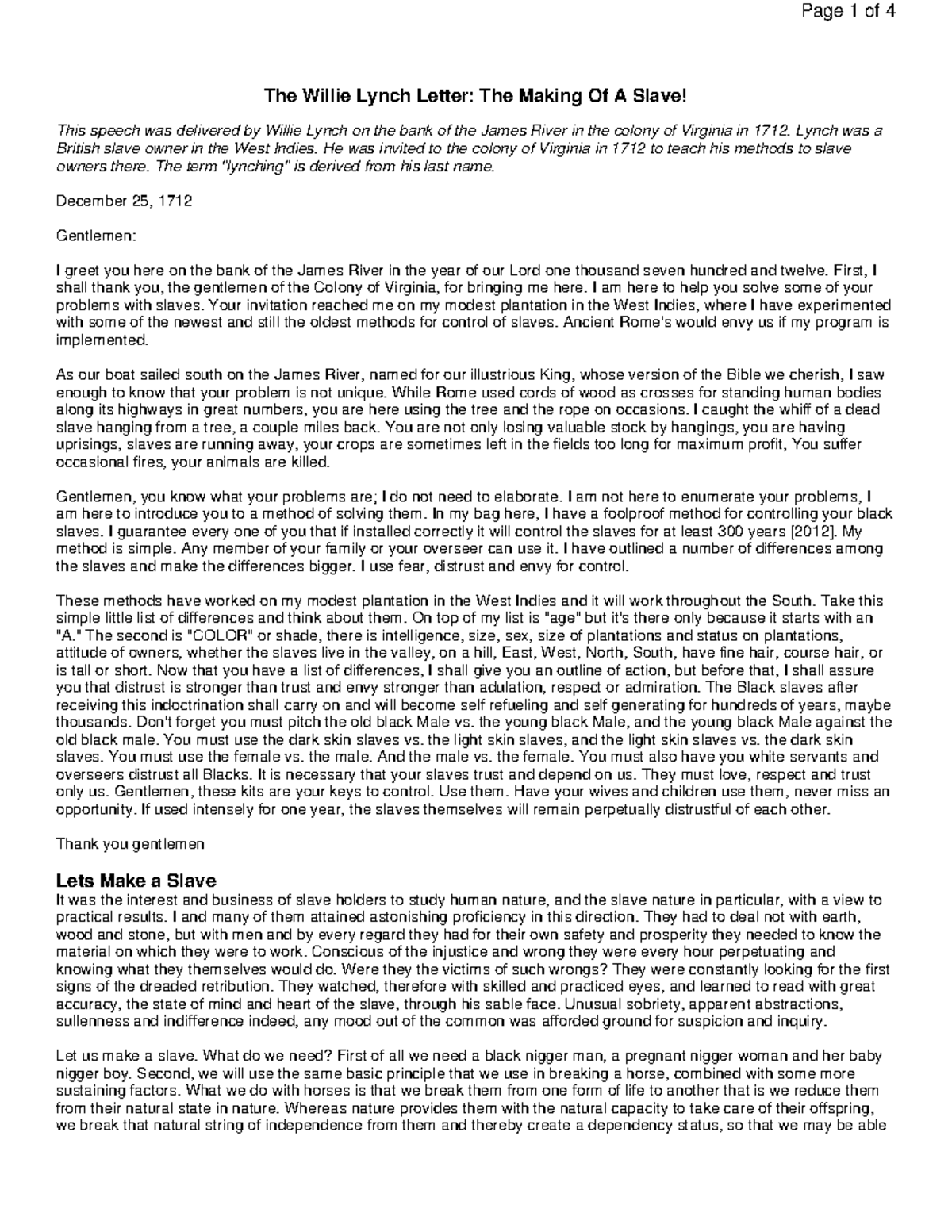 The willie lynch letter the making of a slave The