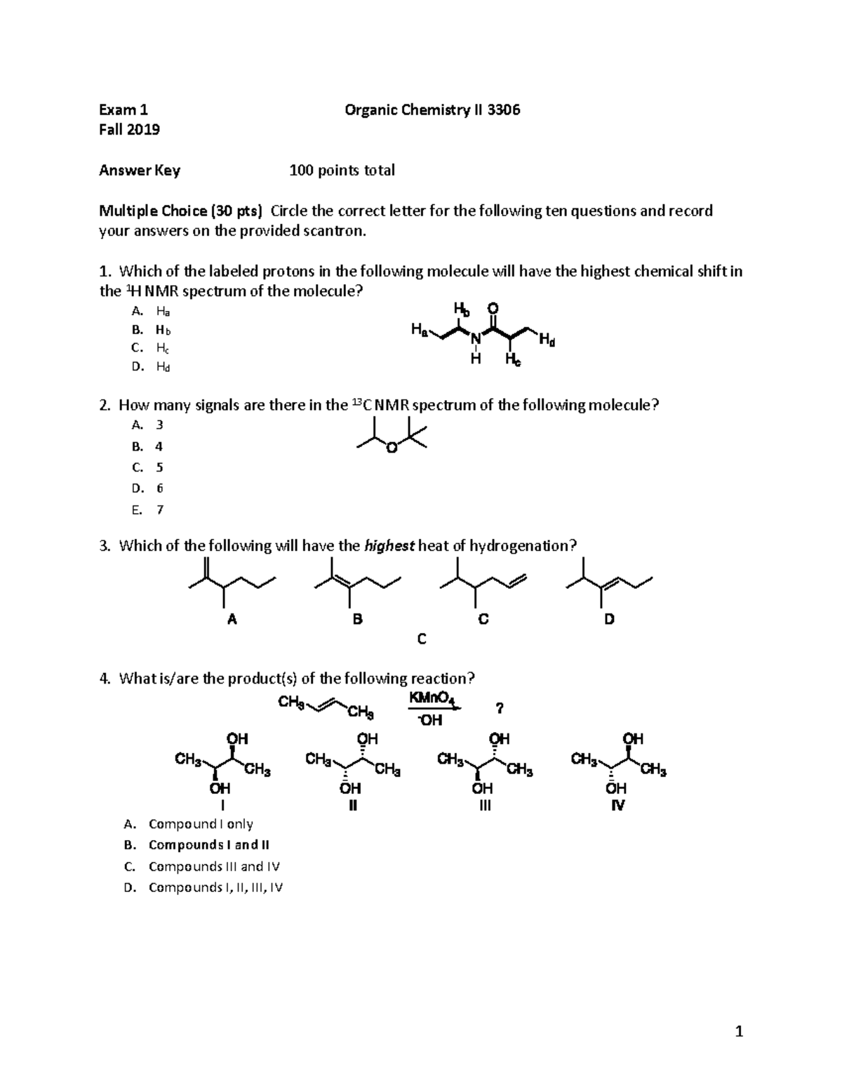 Older Exam 1 Answer Key - old exam practice - Exam 1 Organic Chemistry ...