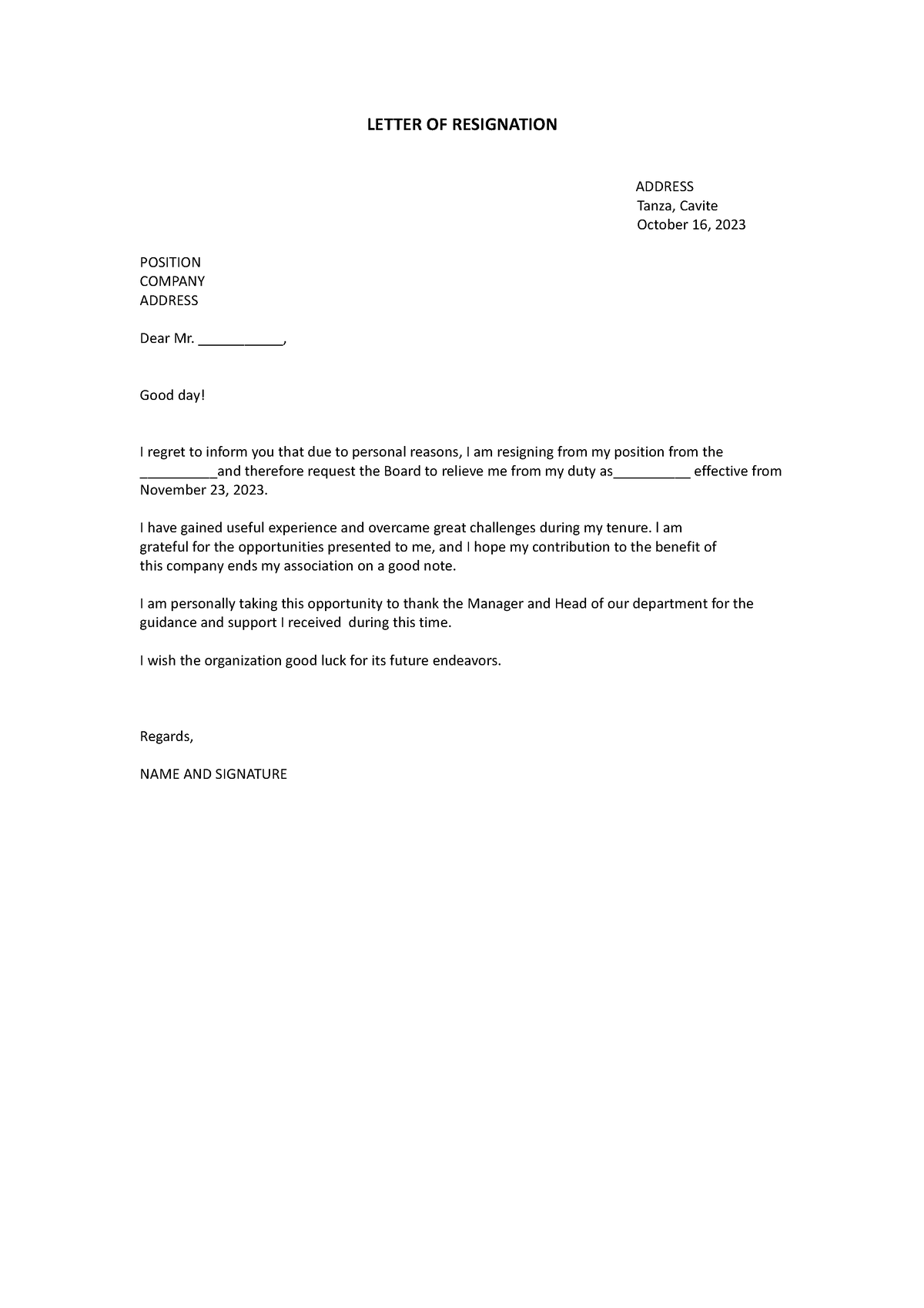 Letter OF Resignation - Copy - LETTER OF RESIGNATION ADDRESS Tanza ...