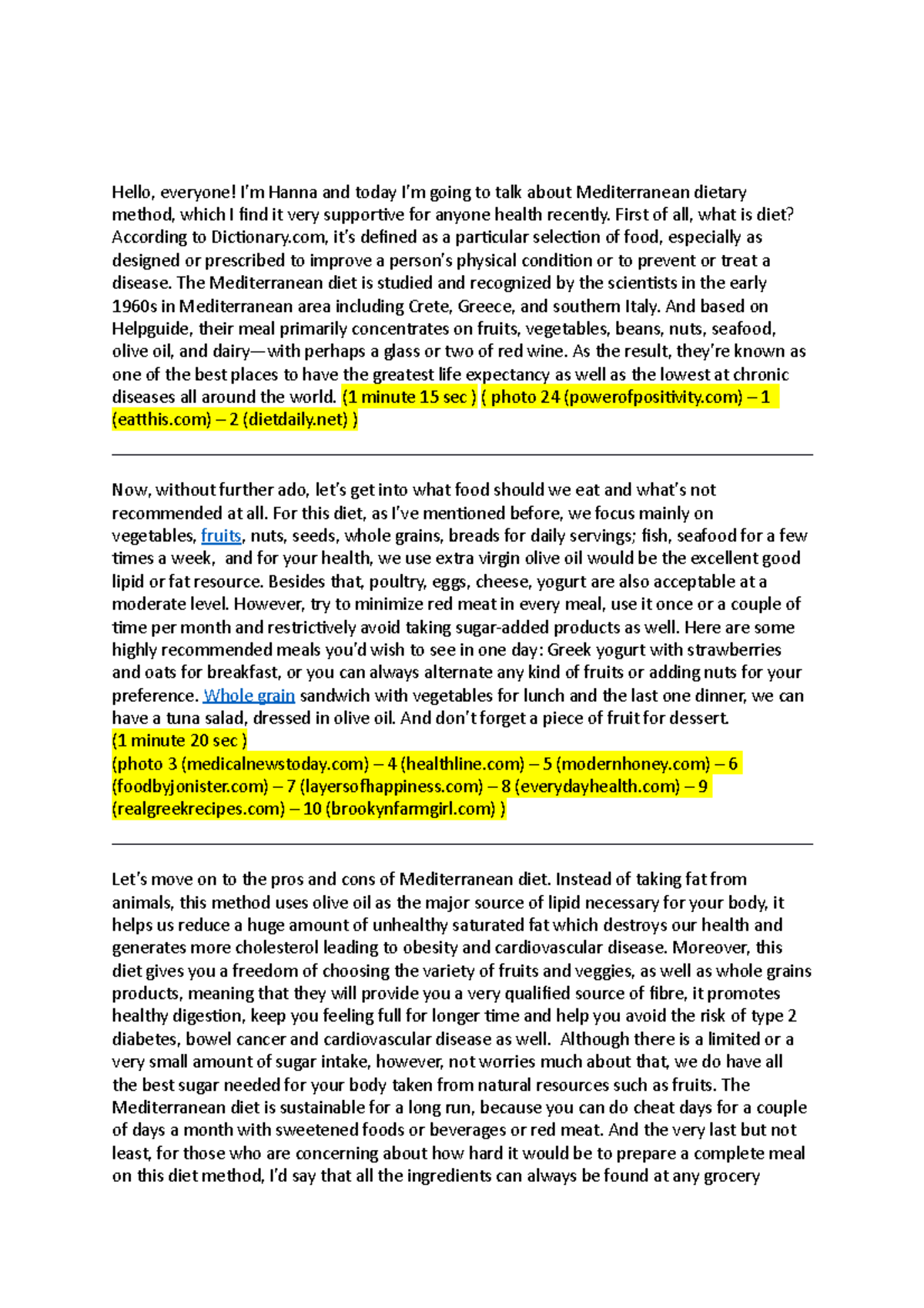 DIET Script Assignment - Nutrition - Hello, everyone! I’m Hanna and ...