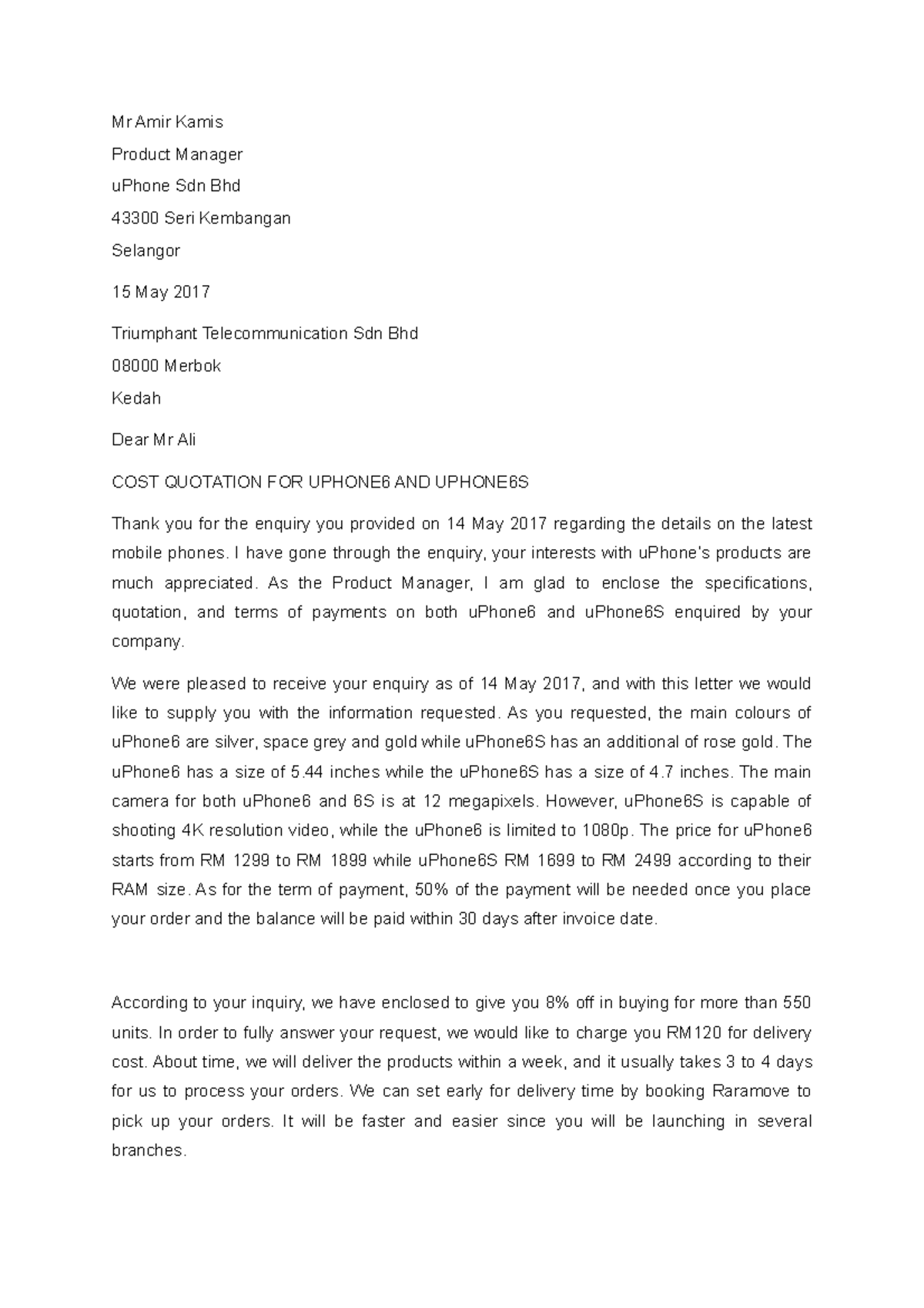 EWC662 Enquiry Letter 1 - Mr Amir Kamis Product Manager uPhone Sdn Bhd ...