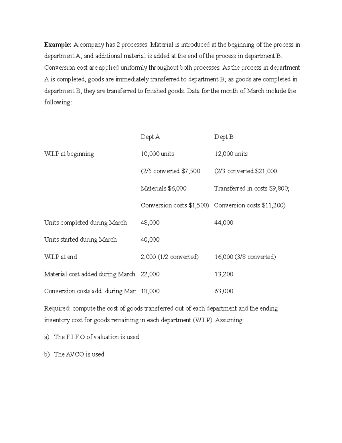 Process Costing FIFO AVCO - Example: A company has 2 processes ...