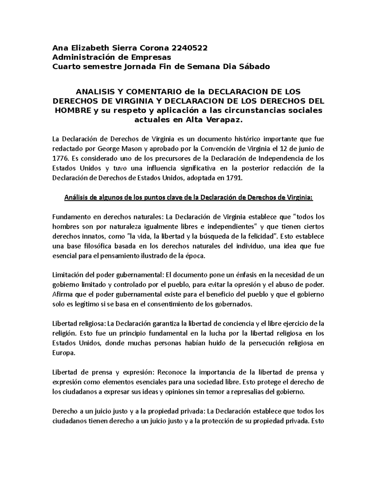 Analisis Derechos De Virginia y Declaracion de los Derechos del Hombre