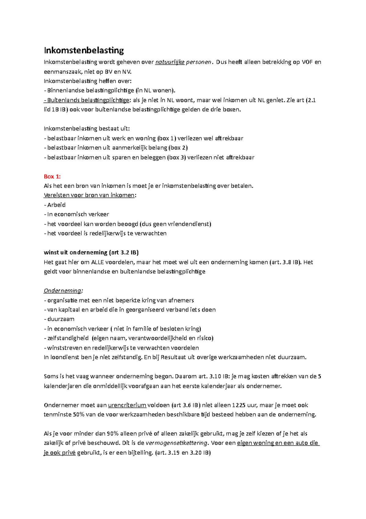 Samenvatting - Inkomstenbelasting, Vennootschapsbelasting ...