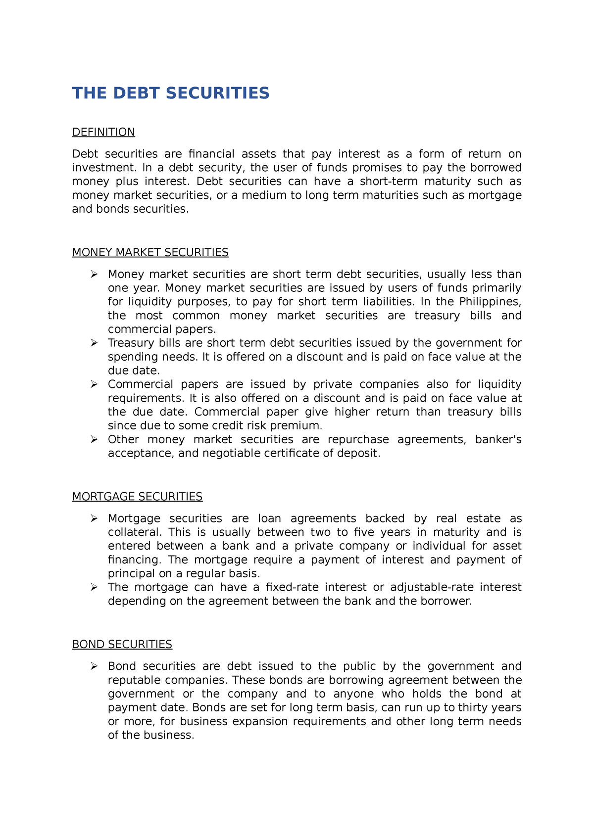 short term paper debt securities