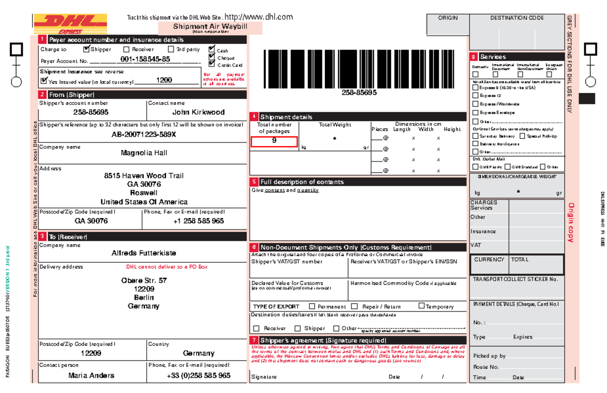 Dhl waybill form Awb TRANSPORT COLLECT STICKER No CURRENCY TOTAL 