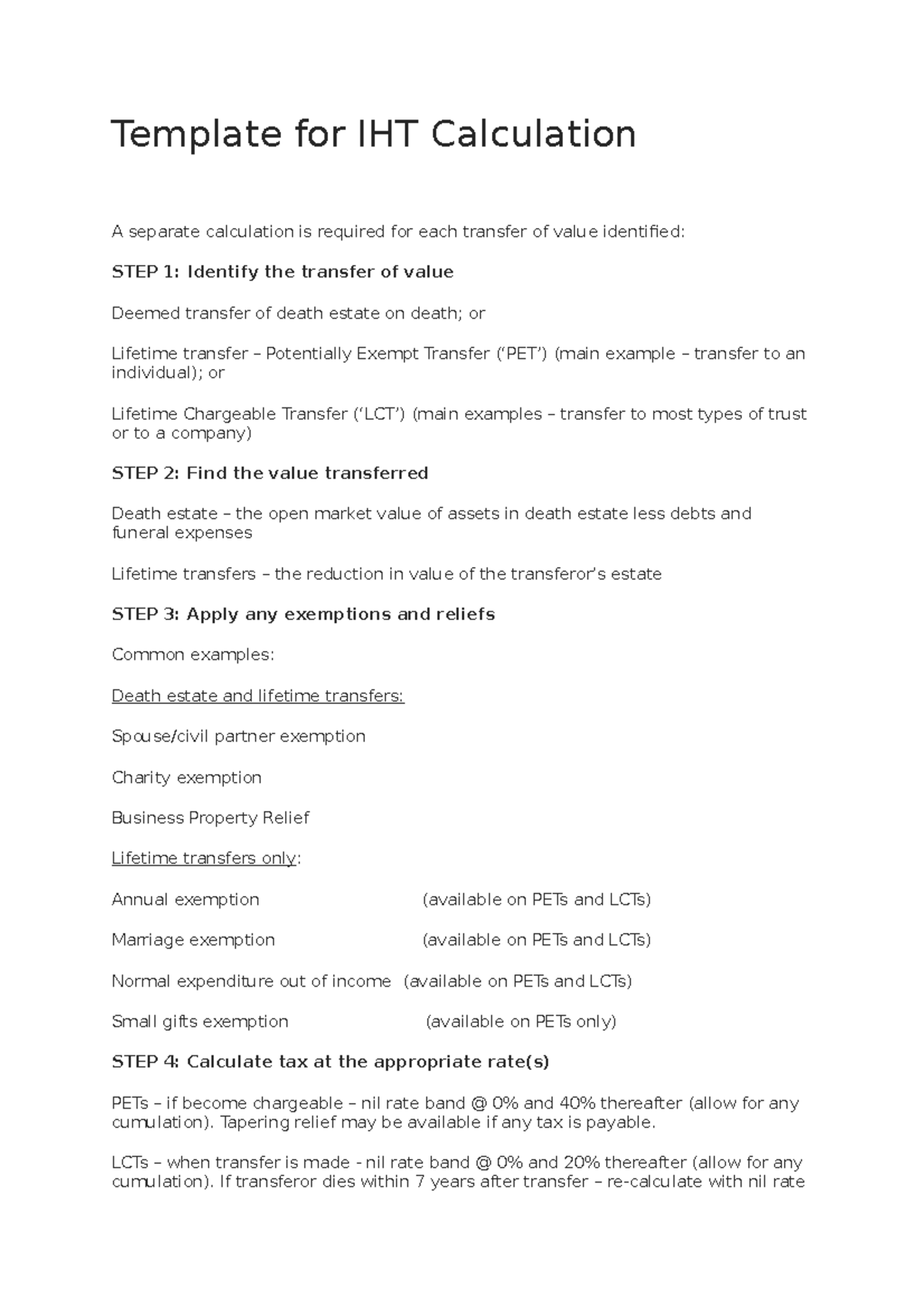 Template for IHT Calculation Ulaw 2022 Template for IHT Calculation A