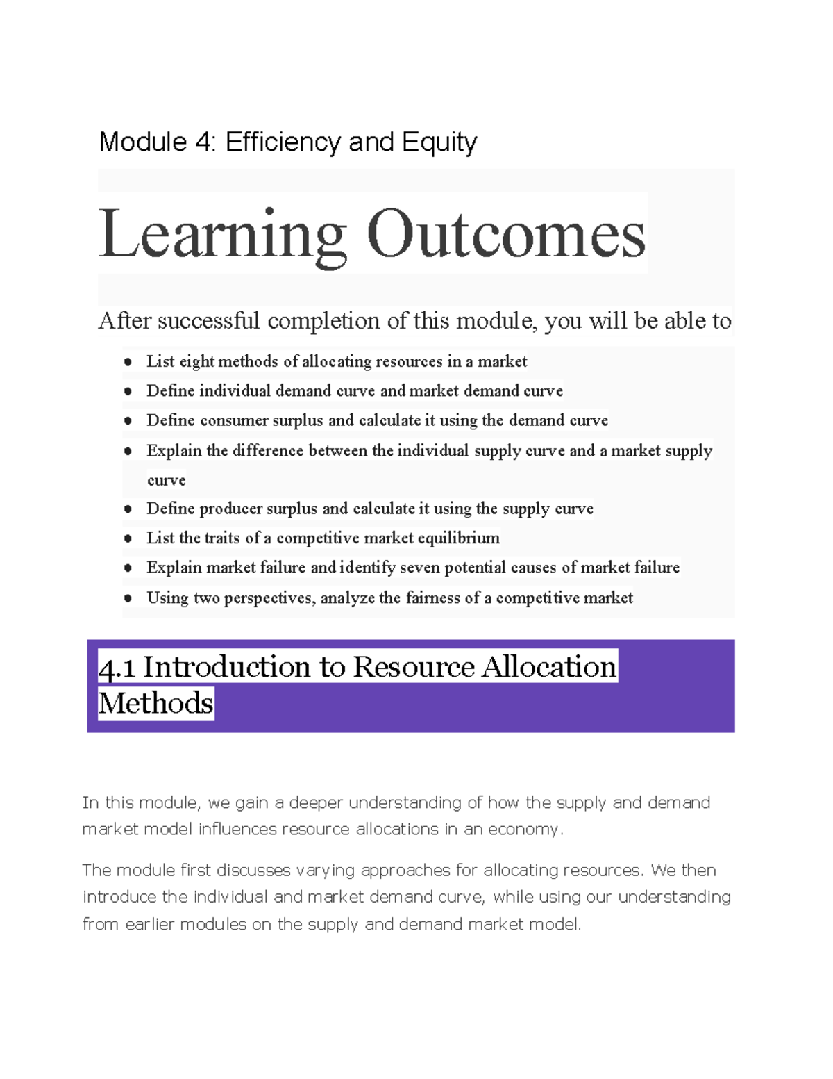 Econ chapter 4 notes - Module 4: Efficiency and Equity Learning ...